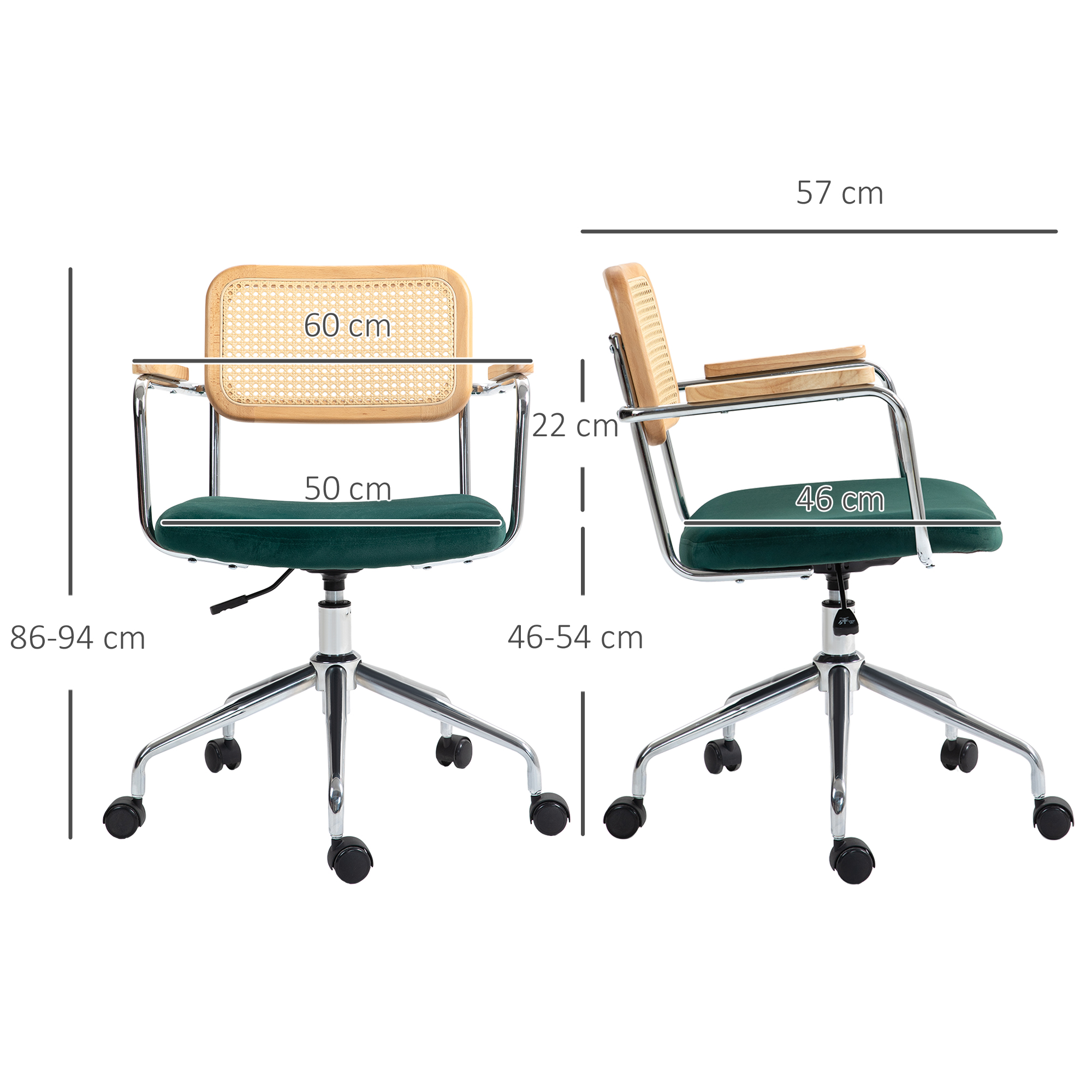 Bürostuhl, Boho-Design, Holzarmlehnen, drehbar, verstellbar, bis 120 kg, Stahl, Grün