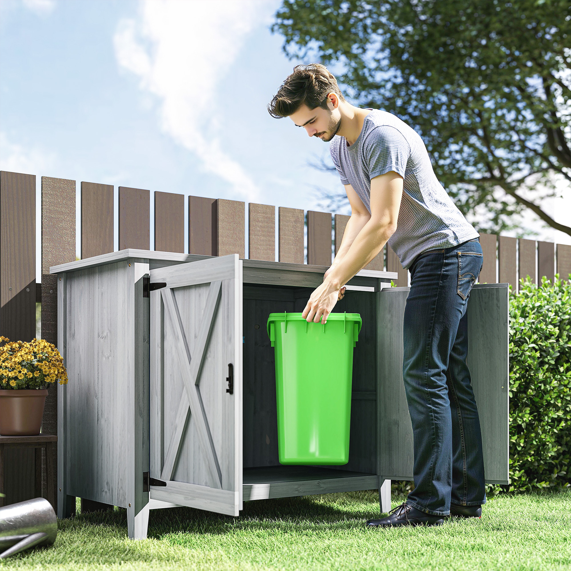 Gartenschrank, Holzschrank für Gartengeräte, Outdoor-Schrank für Terrasse, mit Doppeltüren, Scheunendesign, Hellgrau