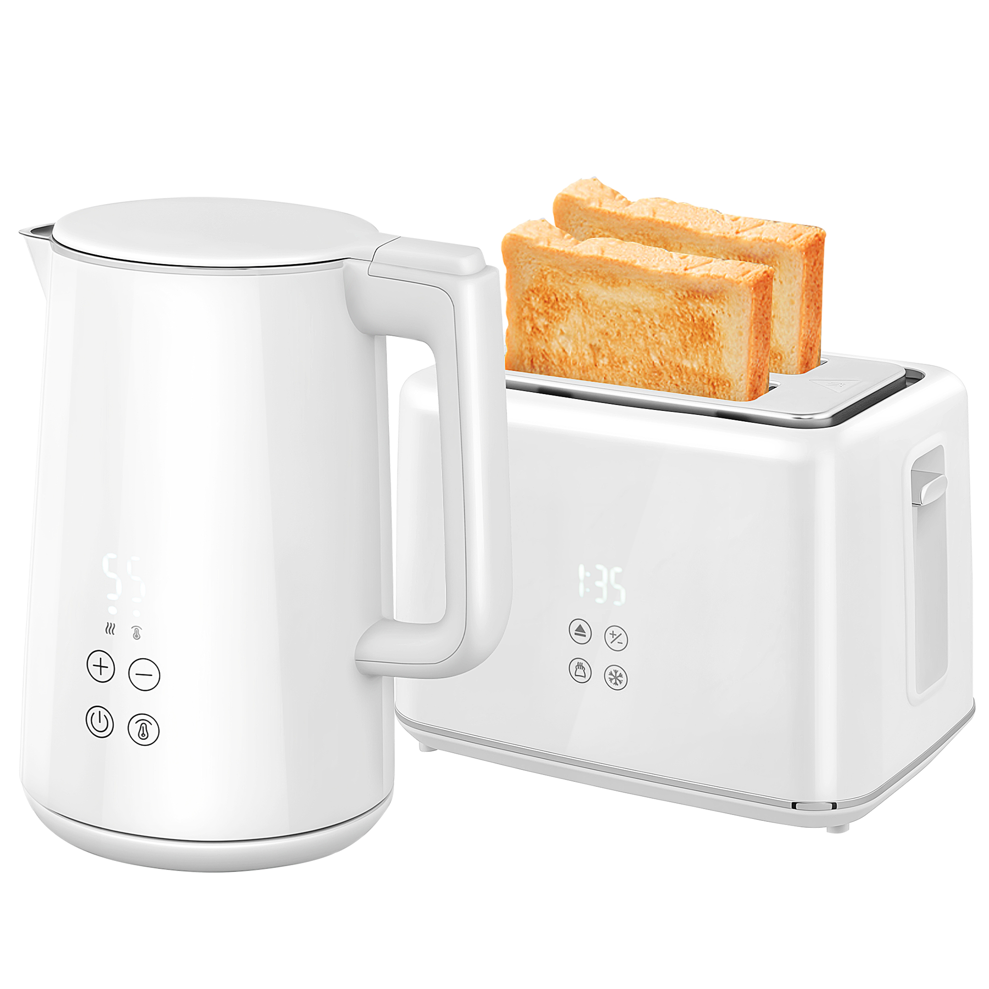 Küchenset mit Wasserkocher und Toaster, 7 Bräunungsstufen, schnelles Kochen, Edelstahl, Kunststoff, Weiß Küchenset mit Wasserkocher und Toaster, 7 Bräunungsstufen, schnelles Kochen, Edelstahl, Kunststoff, Weiß