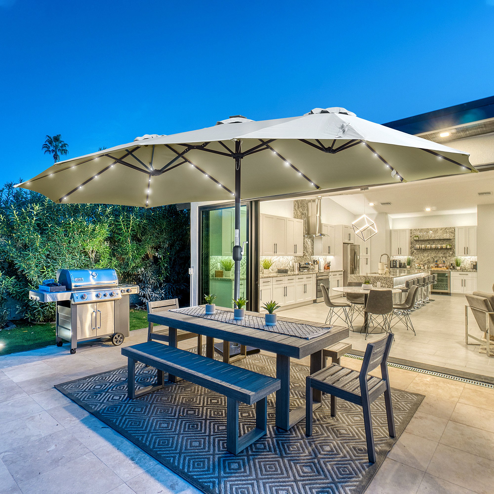 Sonnenschirm mit LED Solar 4,5m Doppelsonnenschirm Gartenschirm Marktschirm Terrassenschirm Oval Hellgrau+Schwarz