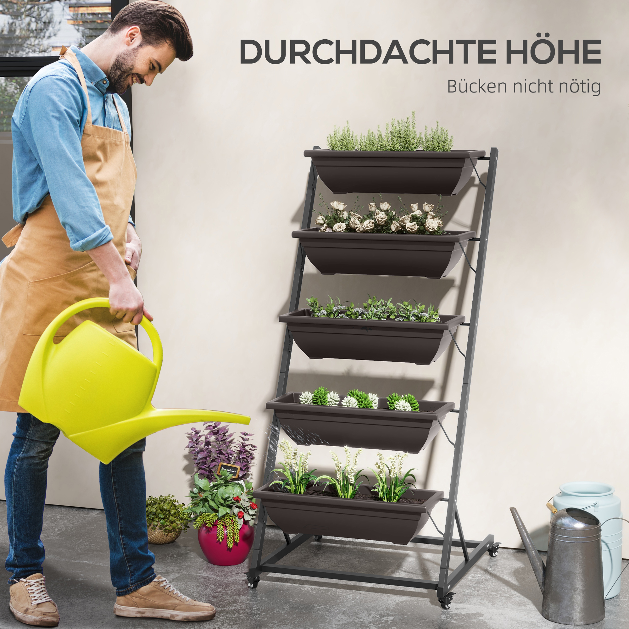 5-Etagen Pflanzenständer, 145 cm hoch Blumenständer mit Rollen Töpfe, Pflanzenregal aus Stahl Braun