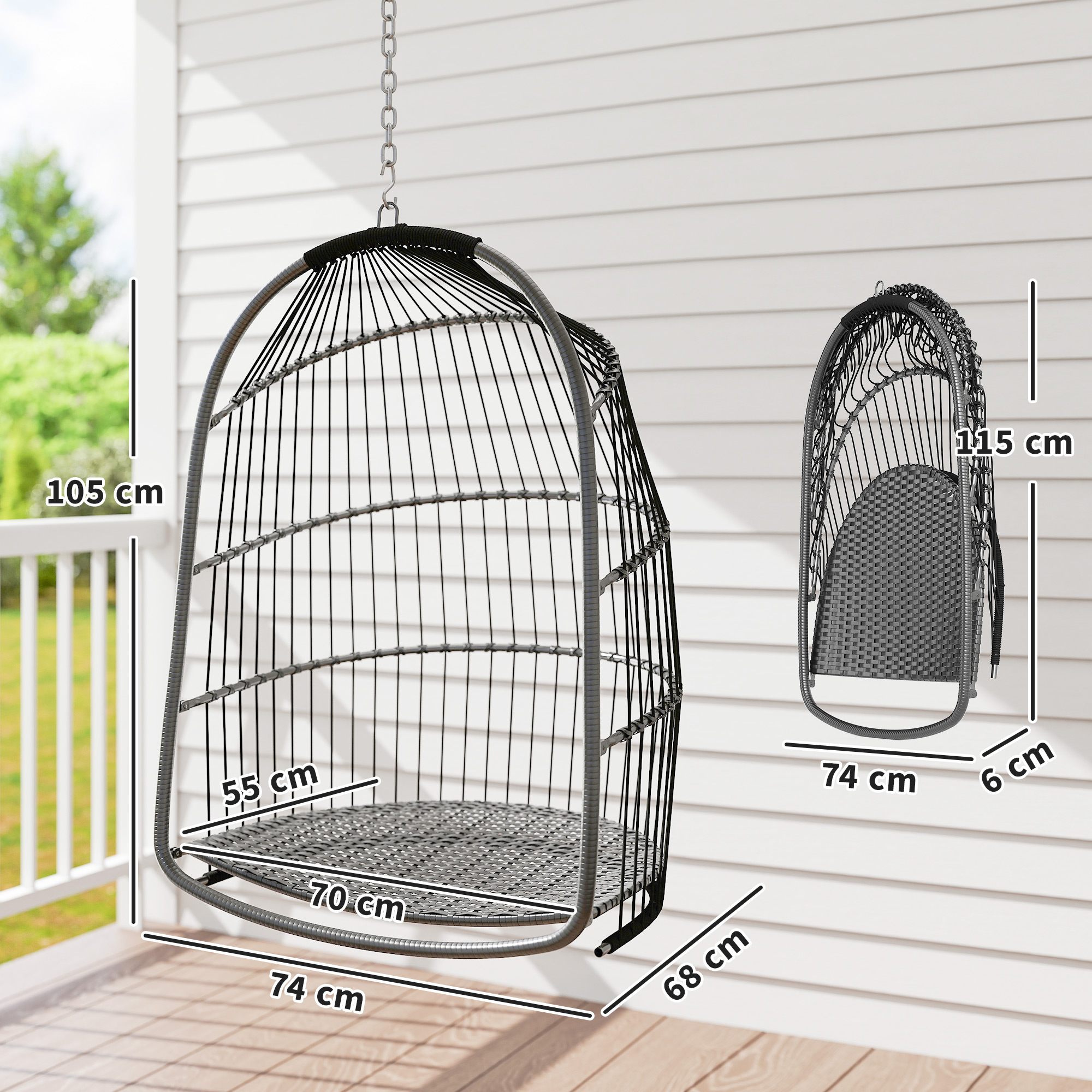 Hängesessel Hängekorb mit Kissen Polyrattan Schaukel Outdoor Indoor faltbar belastbar bis 150kg Dunkelgrau