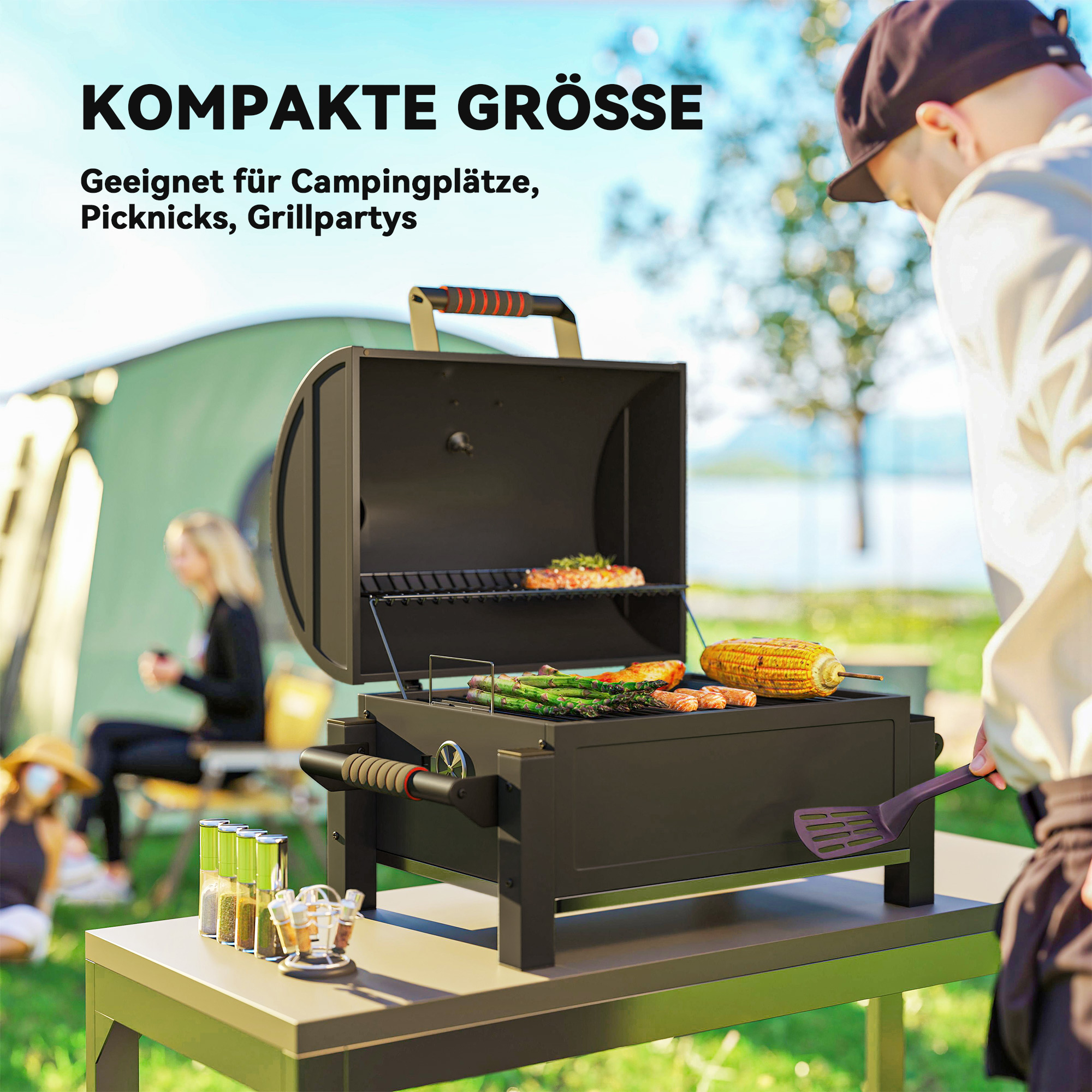 Kohlegrill mit Deckel, Warmhalterost, Aschefach, Thermometer, rostfrei, 67 x 53 x 55cm, Schwarz/Rot