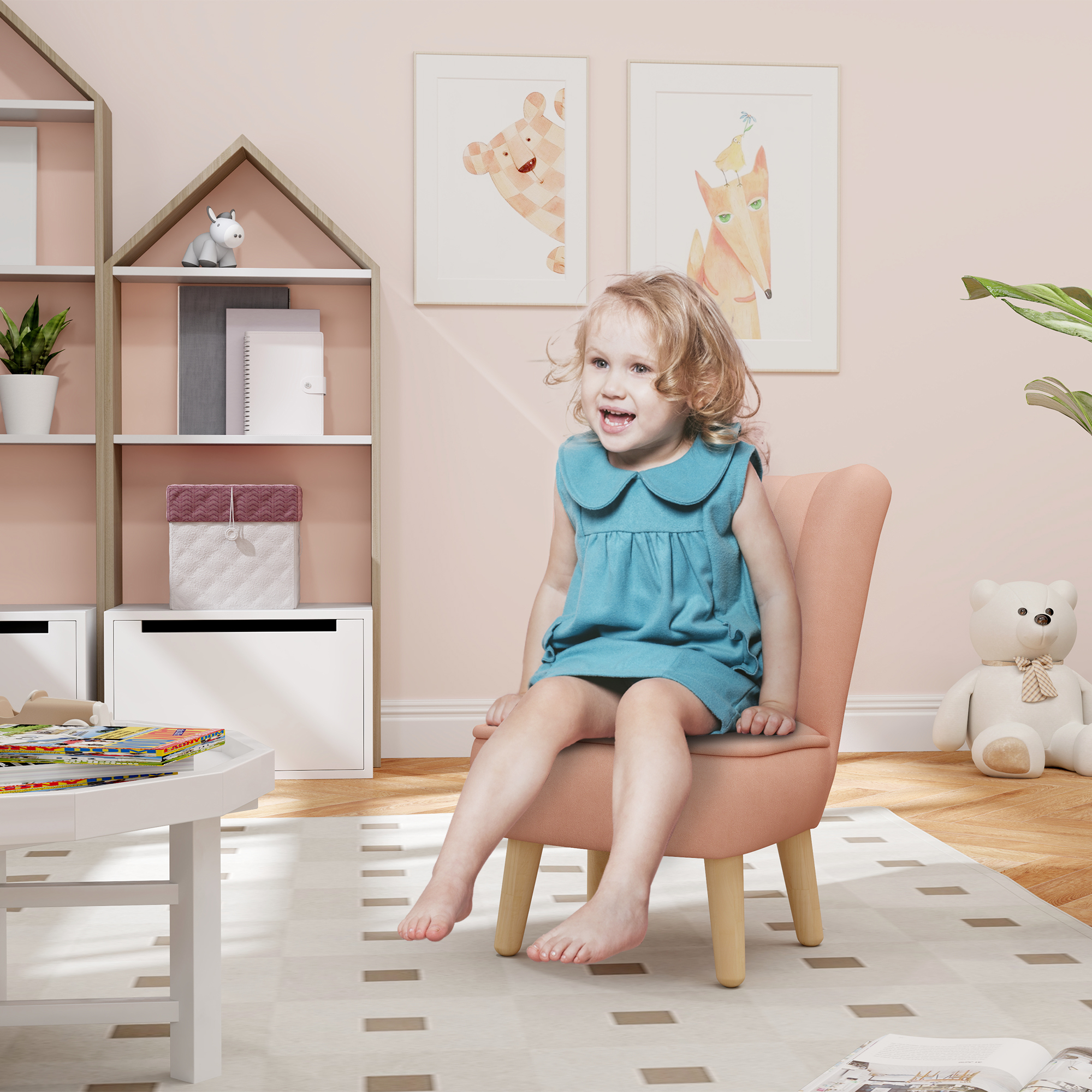 Kindersessel, Samtoptik, für 3-7 Jahre, bis 45 kg, Holzgestell, 44x45x56,5cm, Pink