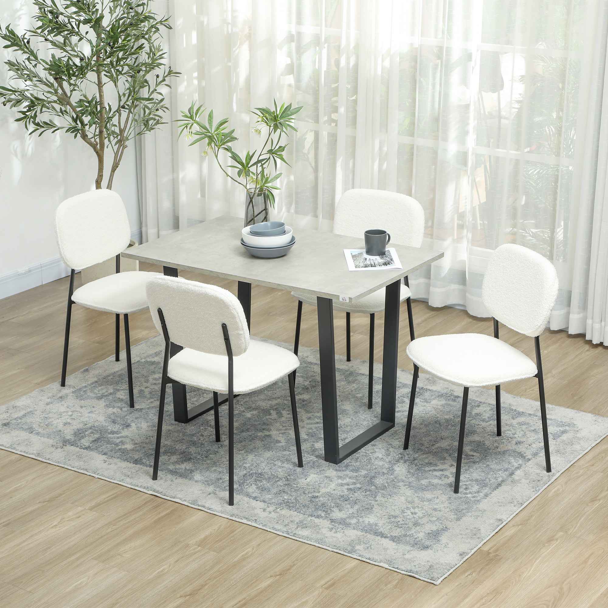 4er-Set Esszimmerstühle, weicher Stoffbezug, Stahlbeine, armloses Design, Weiß
