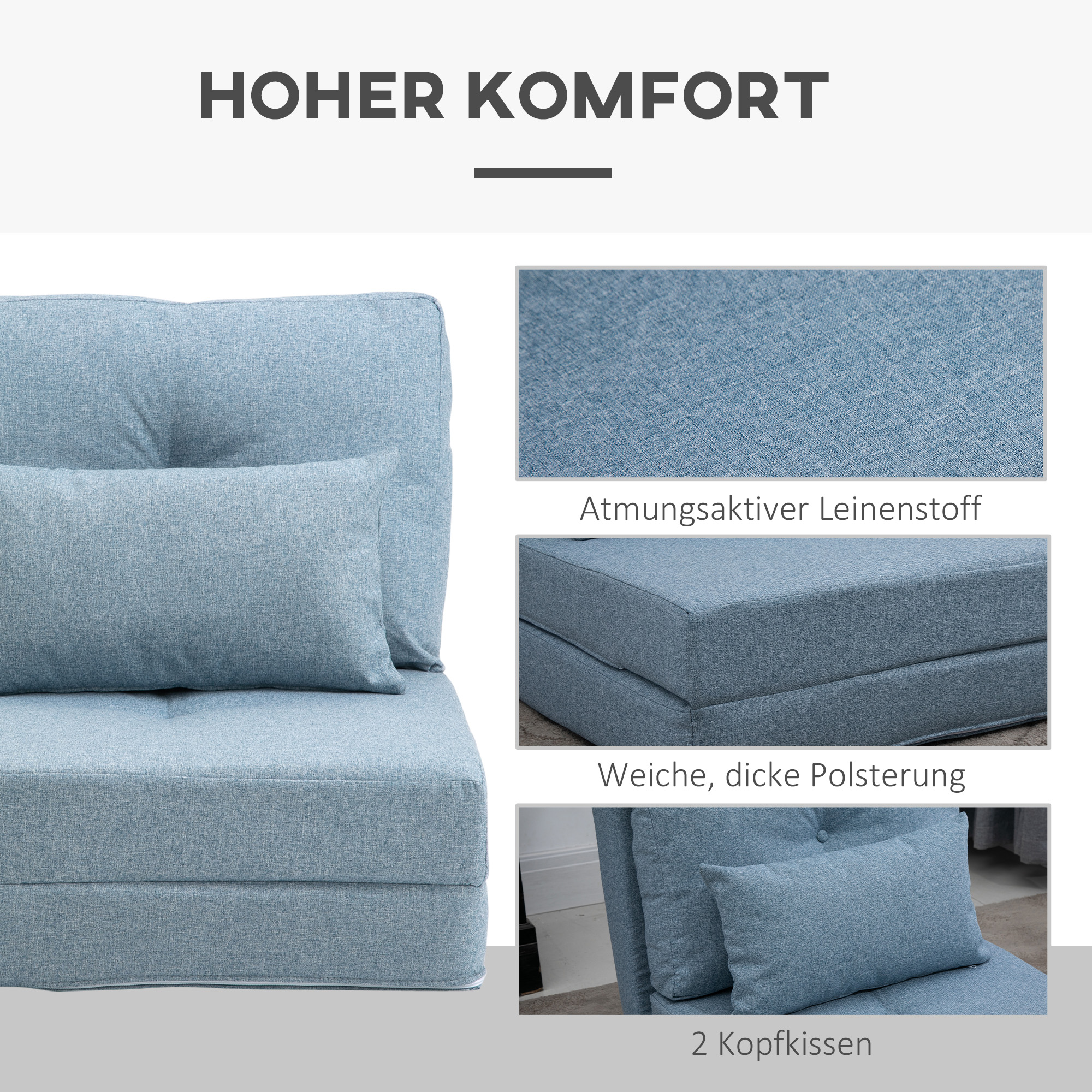 Bodensessel Klappmatratze Schlafmatte, 2-in-1-Design, abnehmbares Kissen, 60 x 80 x 56 cm, Himmelblau