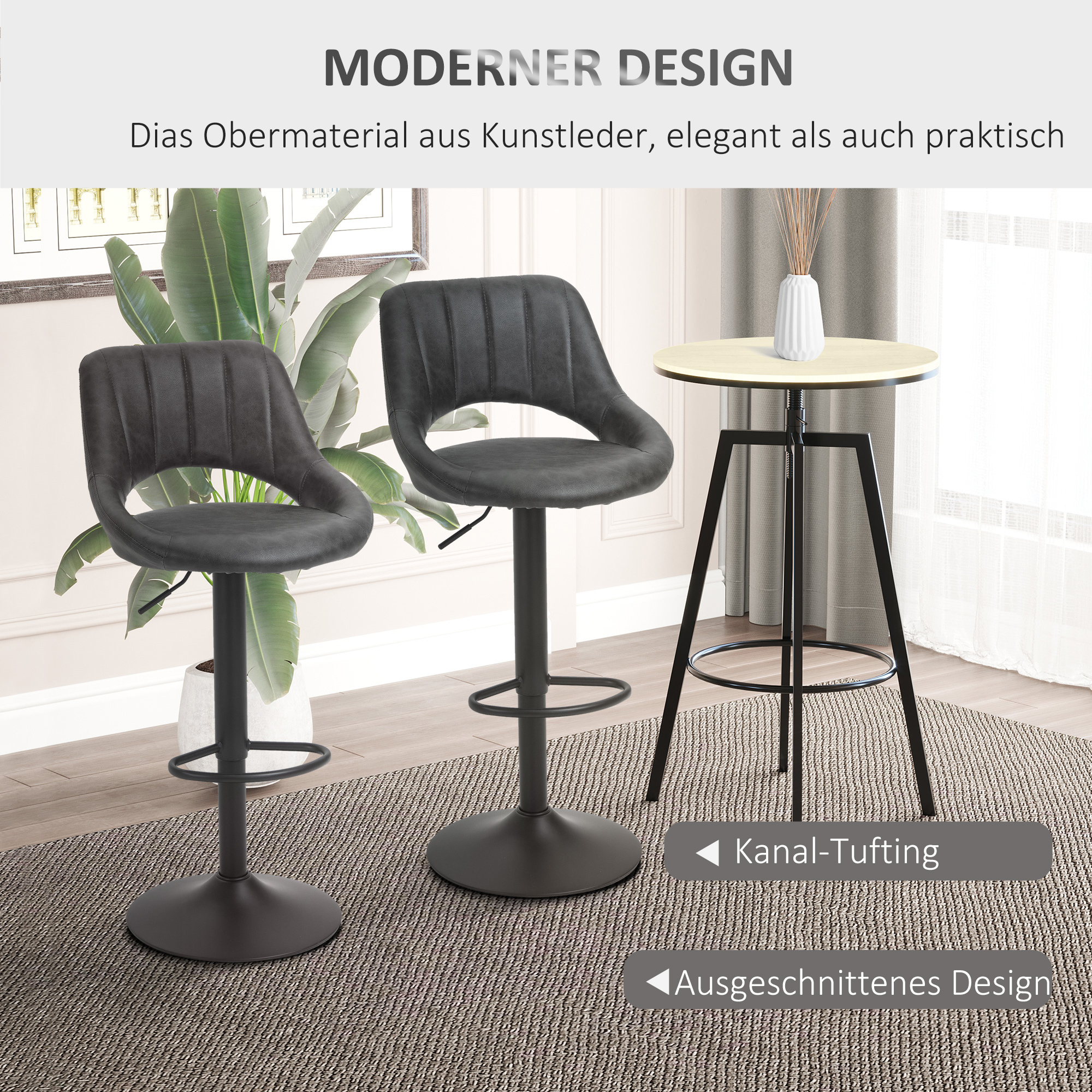 Barhocker 2er-Set, Lederoptik, drehbar, höhenverstellbar, Fußstütze, Metallrahmen, 47 x 52 x 87-109 cm, Grau
