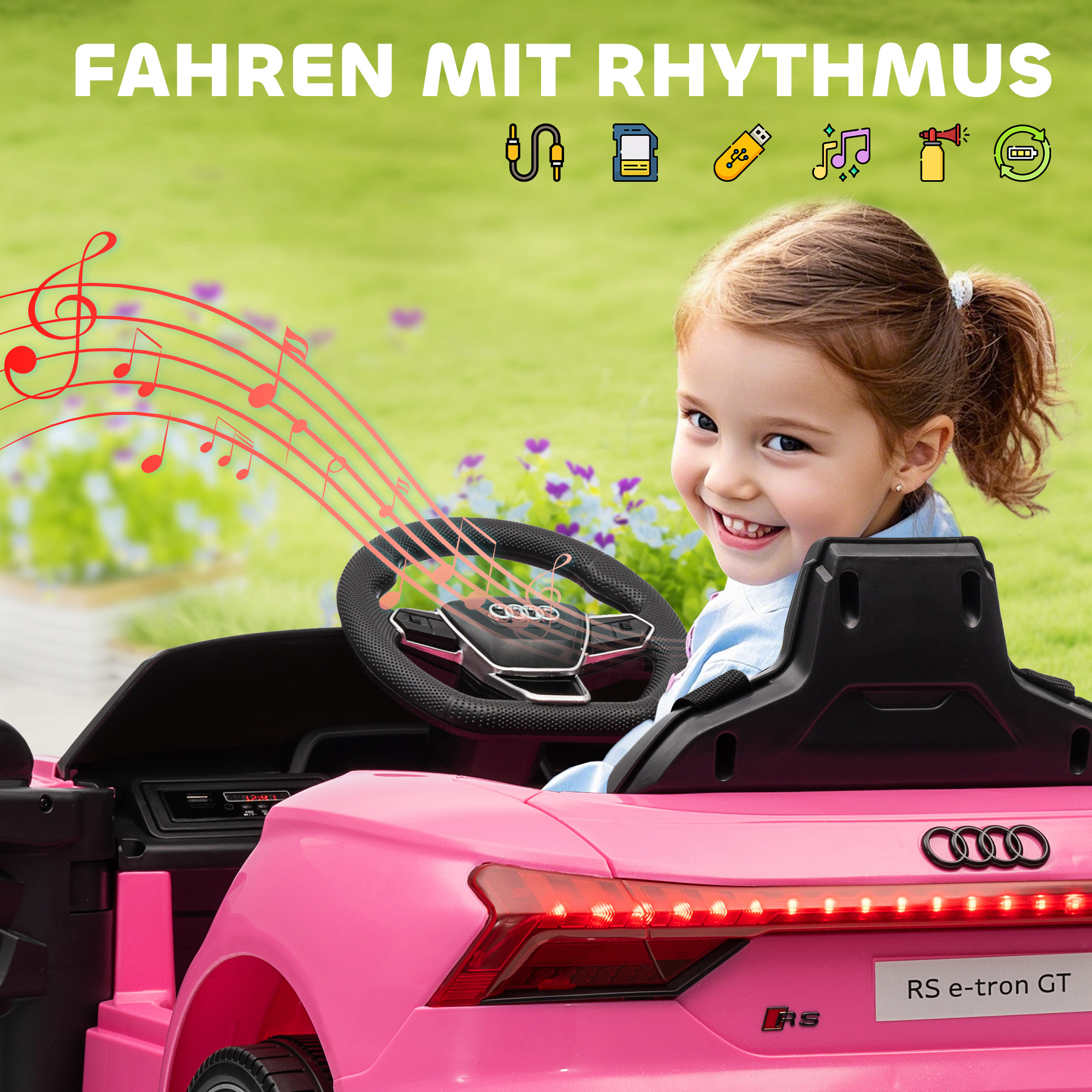 Kinder-Elektroauto mit Fernbedienung, Sicherheitsgurt, Hupe, Musik, Scheinwerfer, bis 5 km/h, 3-5 Jahre, Rosa