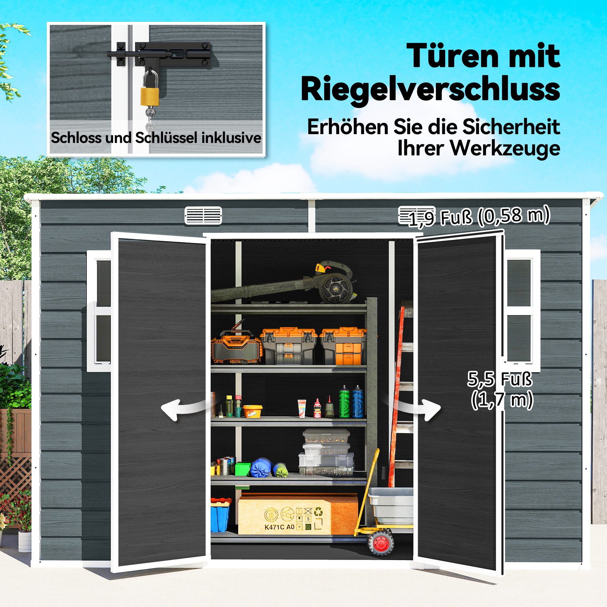 Gerätehaus 3,2m², Geräteschuppen mit Pultdach, 303x123x197cm mit Fenster Abschließbar Tür Belüftungsöffnung Boden
