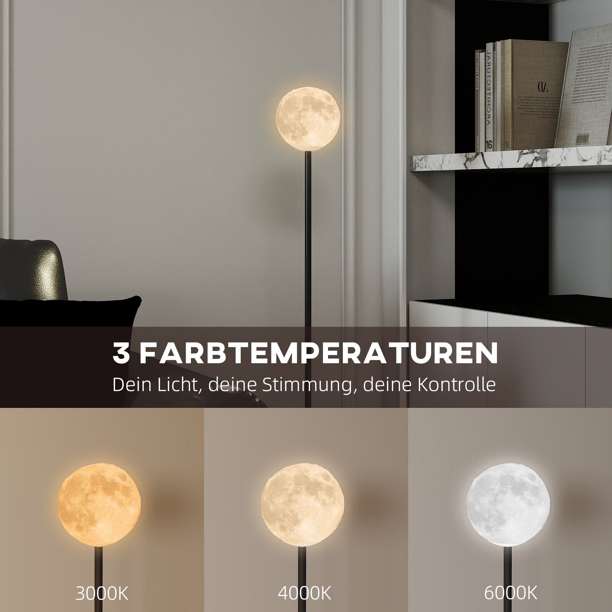 Stehlampe mit Schirm in Mondoptik, Fußschalter, 3 Farbtemperaturen, Metall, Schwarz