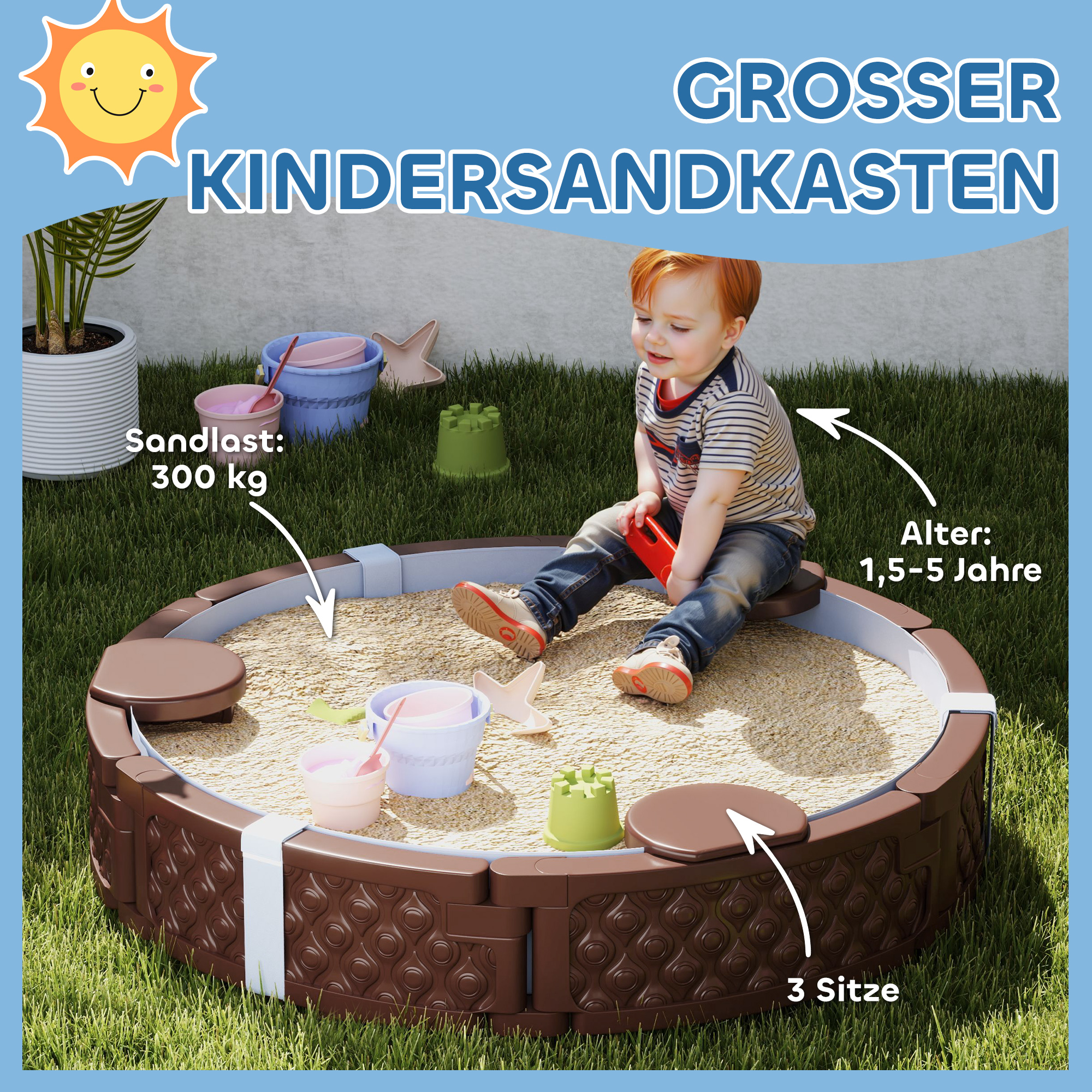 Sandkasten, Runde Sandkiste für bis zu 3 Kinder, mit 3 Sitzen, wasserfeste Unterlage, Schutzplane, 300 kg Sand