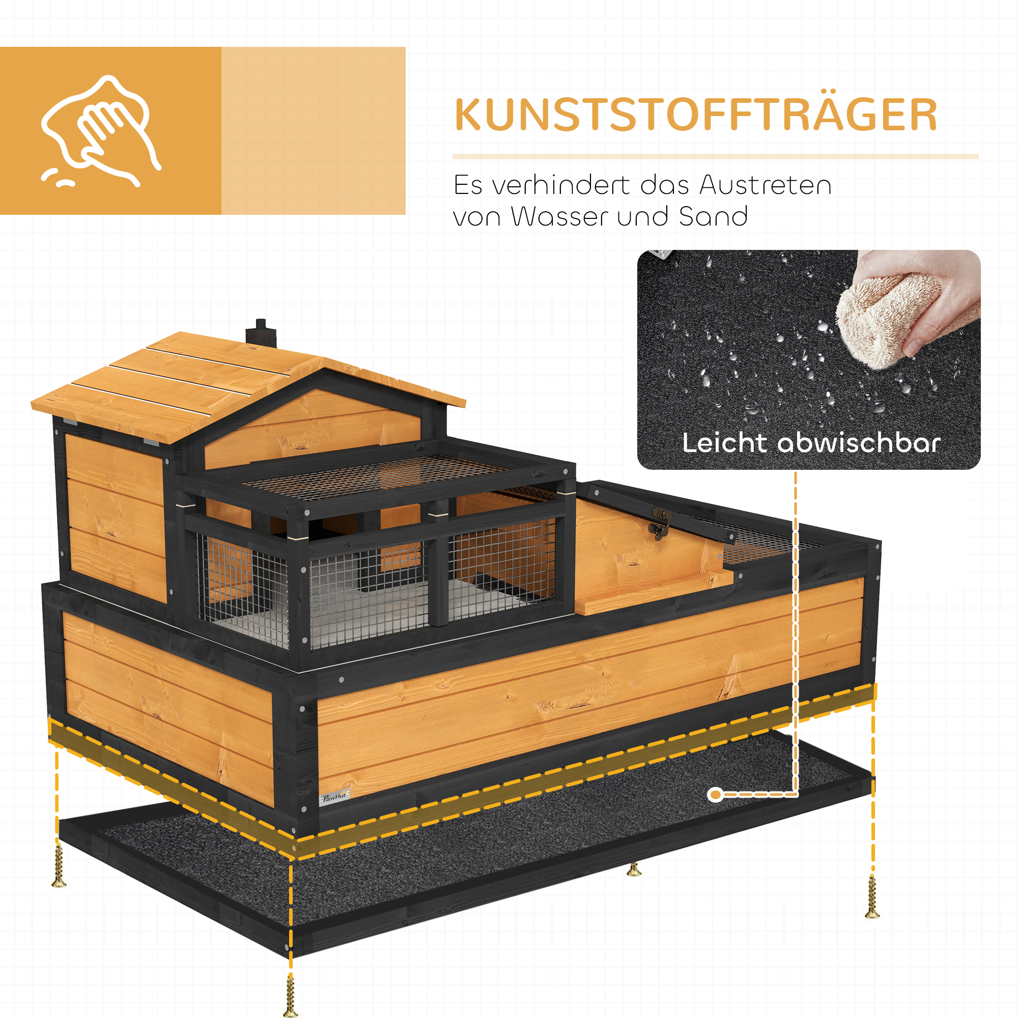 Schuldkrötenhaus, 2 Ebenen, für drinnen und draußen, Schublade, Tannenholz, Gelb