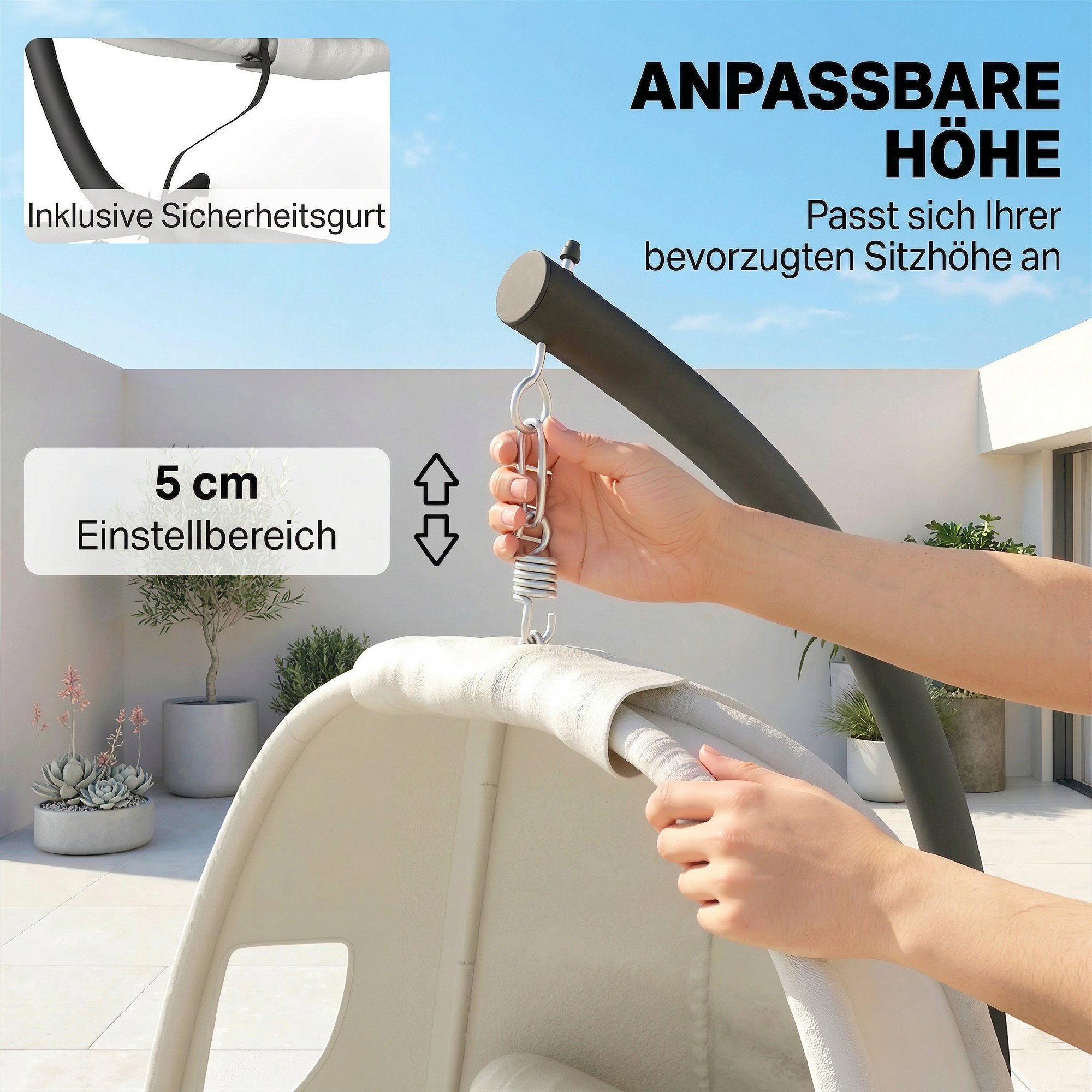 Hängesessel mit Gestell, faltbar Hängekorb mit dick Sitzpolstern verstellbarer Höhe Sicherheitsgurt bis 120 kg