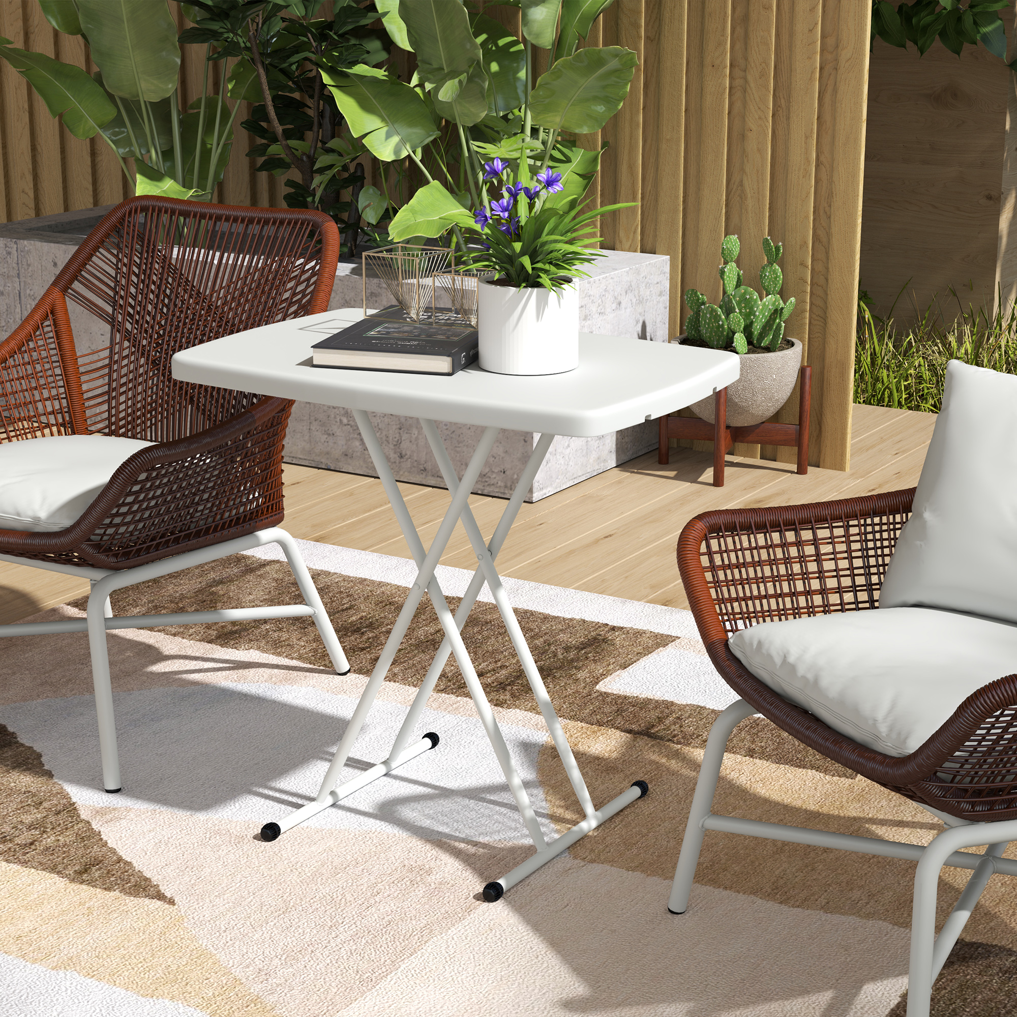 Gartentisch, Tragbarer Tisch für den Außenbereich aus Kunststoff und Metall, Bistrotisch, für Terrasse, Garten, Weiß