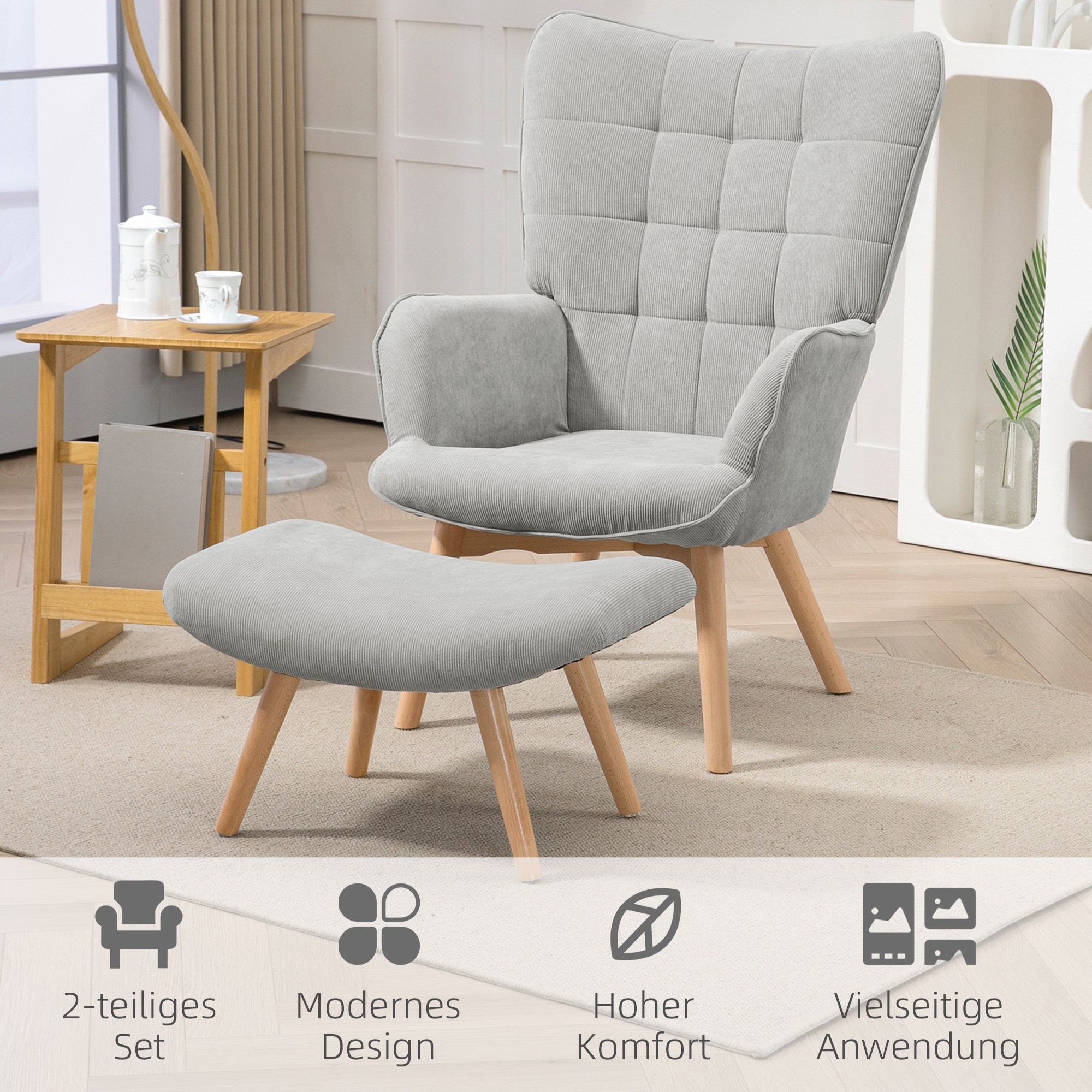 Akzentsessel mit Hocker, Relaxsessel in Cord-Optik, Armlehnstuhl mit Holzbeinen, für Wohnzimmer, Grau