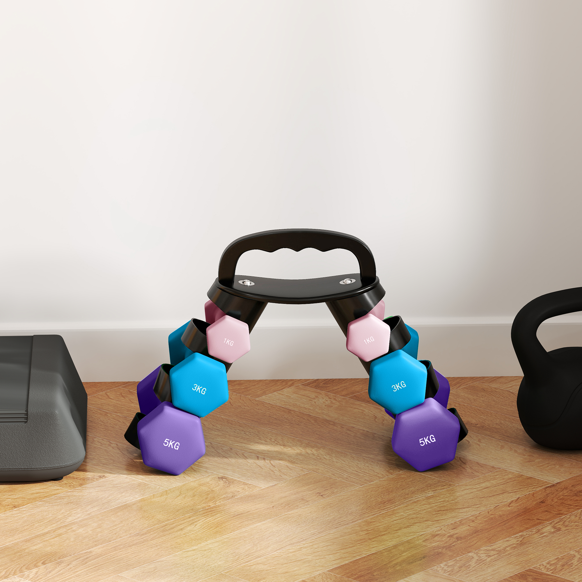 Hantelset mit Aufbewahrungsgestell, Set mit 6 Hanteln für Fitness-Training, 2 x 1kg, 2 x 3kg, 2 x 5kg