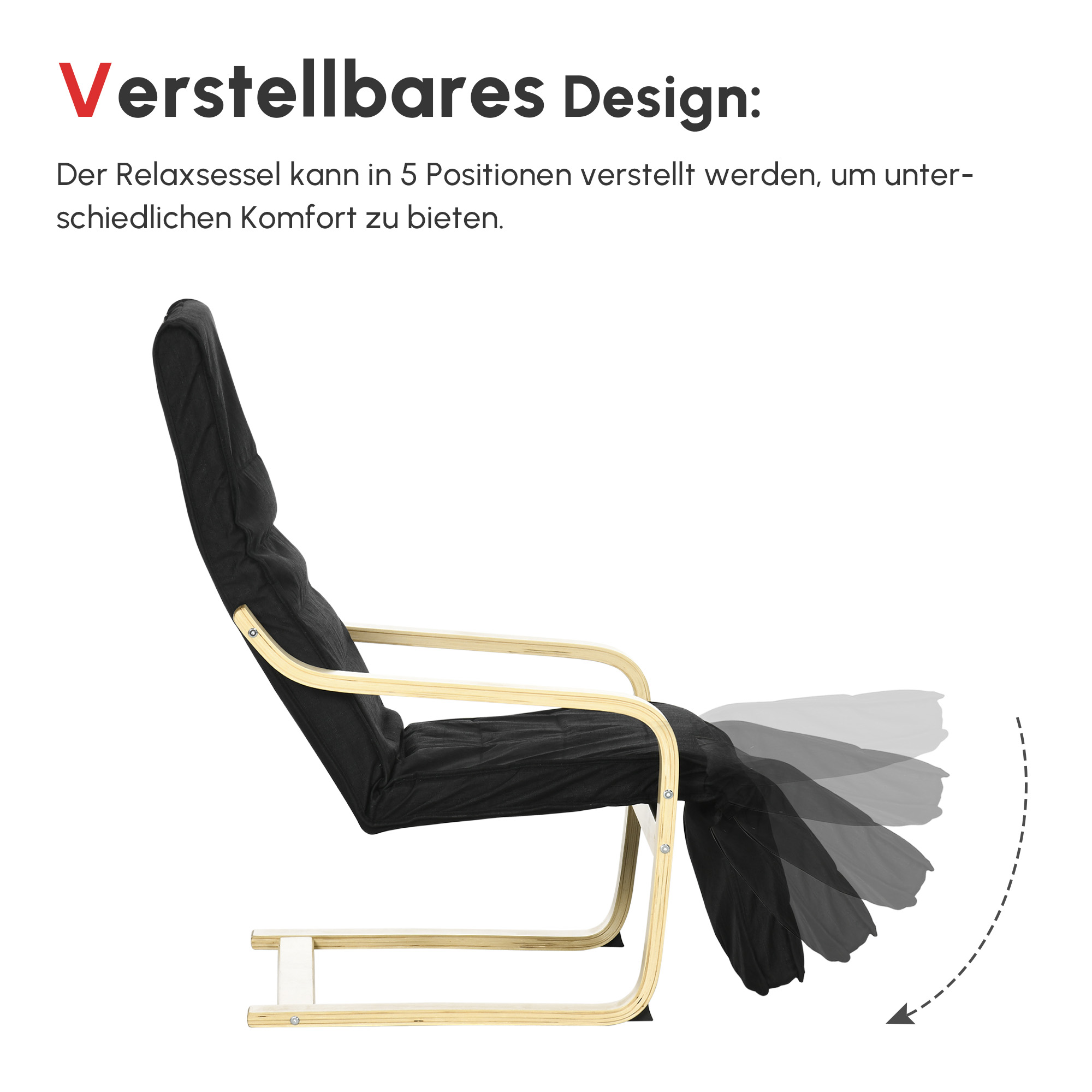 Relaxsessel, Ruheliege, verstellbares Fußteil, Auflage, Holz+Schwarz, 66,5 x 94 x 100cm