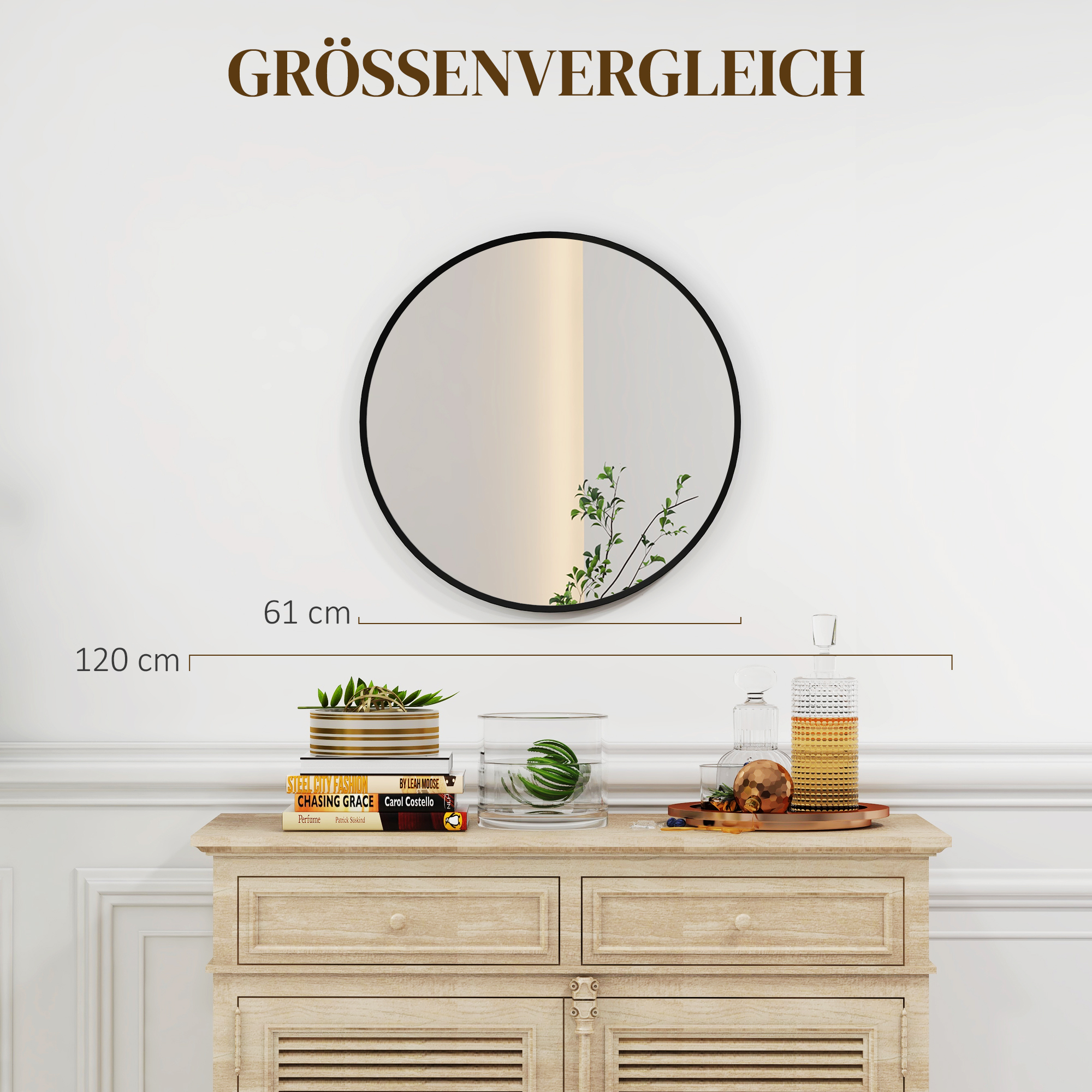 Wandspiegel, modernes Design, Φ61 cm, Schwarz