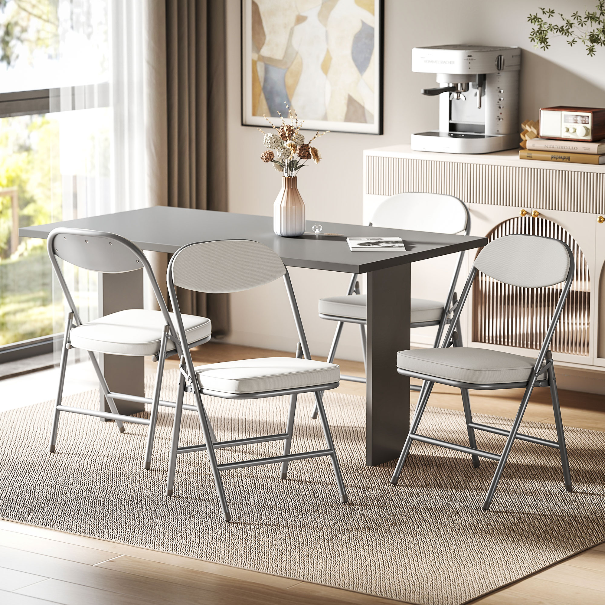 4er-Set gepolsterte Klappstühle, Faltbare Stühle mit Cordbezug, Rückenlehne, Metallrahmen, Cremeweiß