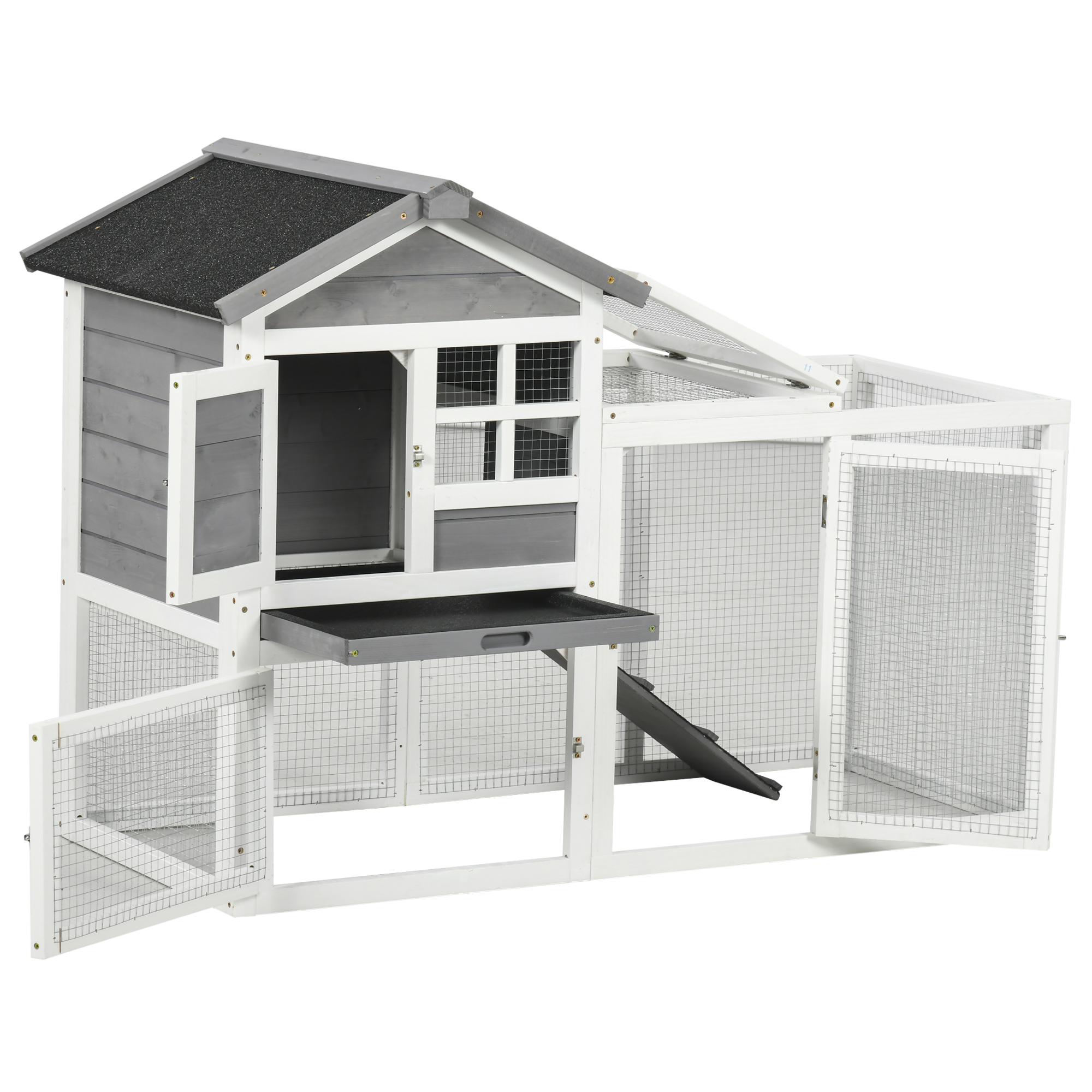 Kleintierstall, Kaninchenstall, Außengehege, Stall, Rampe, ausziehbare Bodenwannen, Weiß + Grau