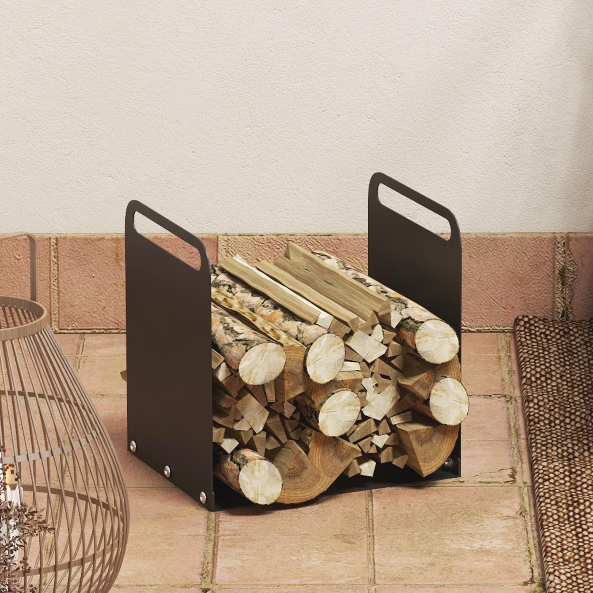 Feuerholzgestell, 2 Tragegriffe, Stahlrahmen, bis 30kg, 36x30x36cm, Schwarz