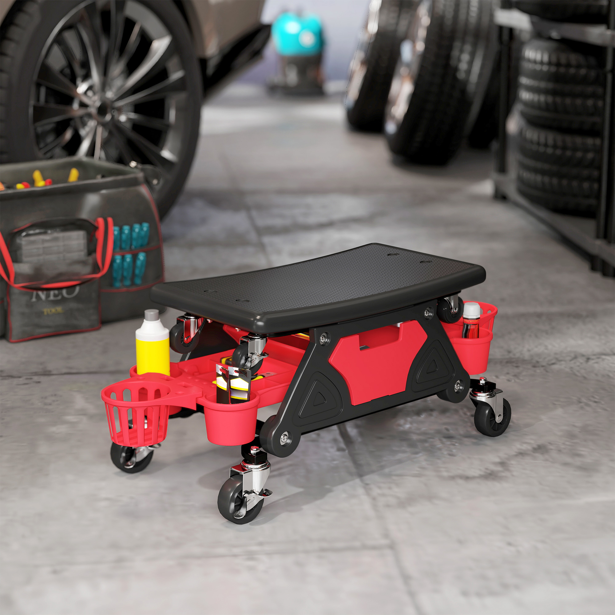 Werkstatthocker mit Rollen abnehmbar Sitz, Ablagefläche, 33cm hoch Rollhocker bis 135 kg belastbar Rot