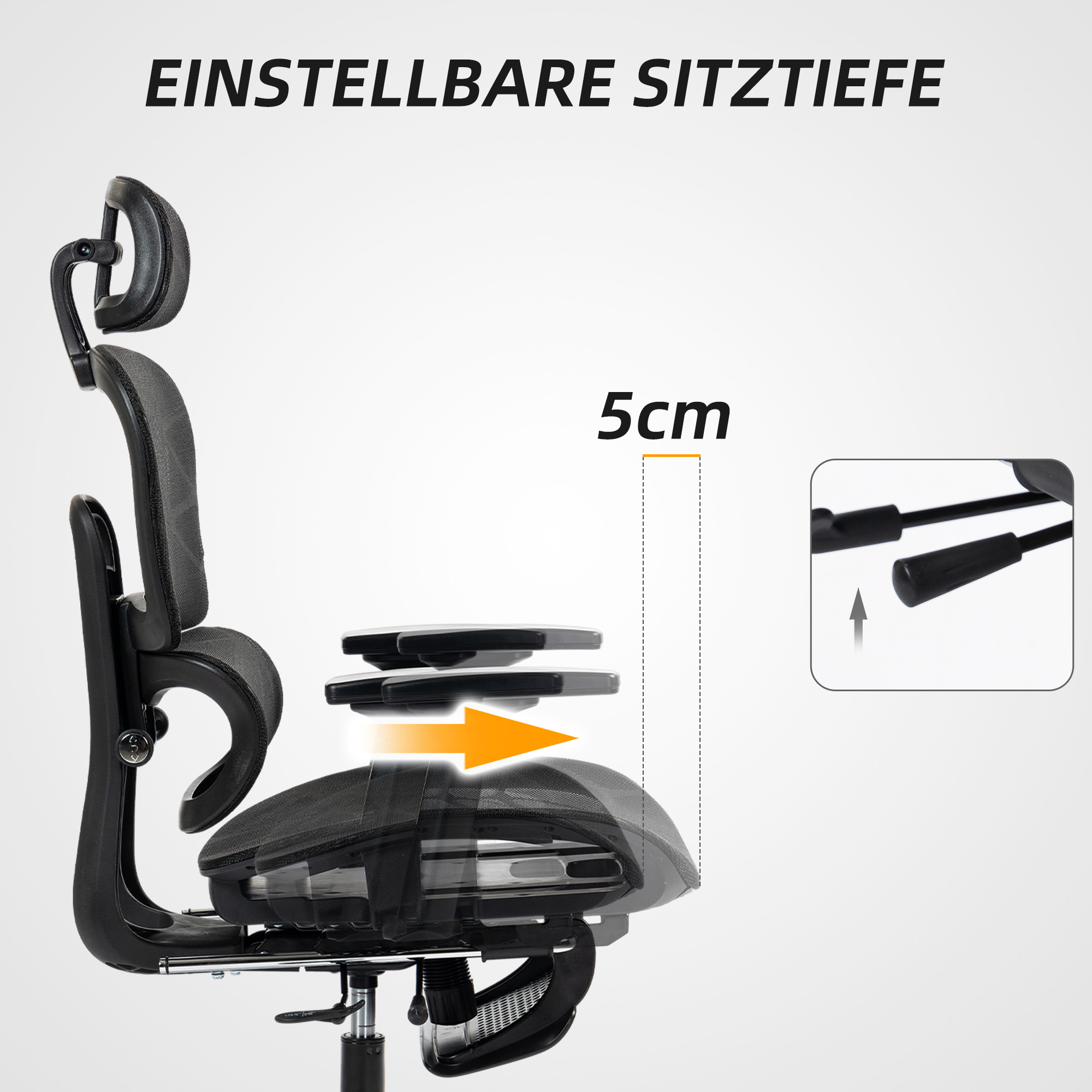 Bürostuhl, Ergonomischer Schreibtischstuhl mit Netzstoffbezug, verstellbar, rollbar, mit Armlehnen, Kopfstütze, Schwarz