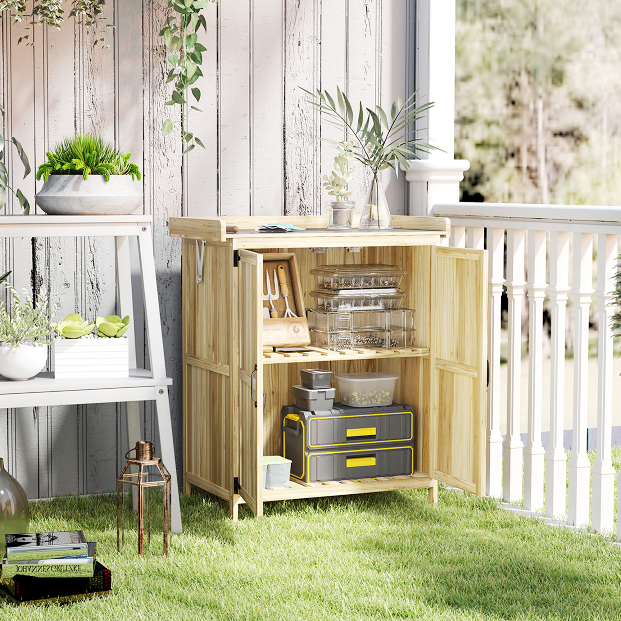 Gartenschrank, Werkzeugschrank für den Außenbereich, mit Arbeitsfläche, Holz und Edelstahl, Doppeltüren, Naturholz
