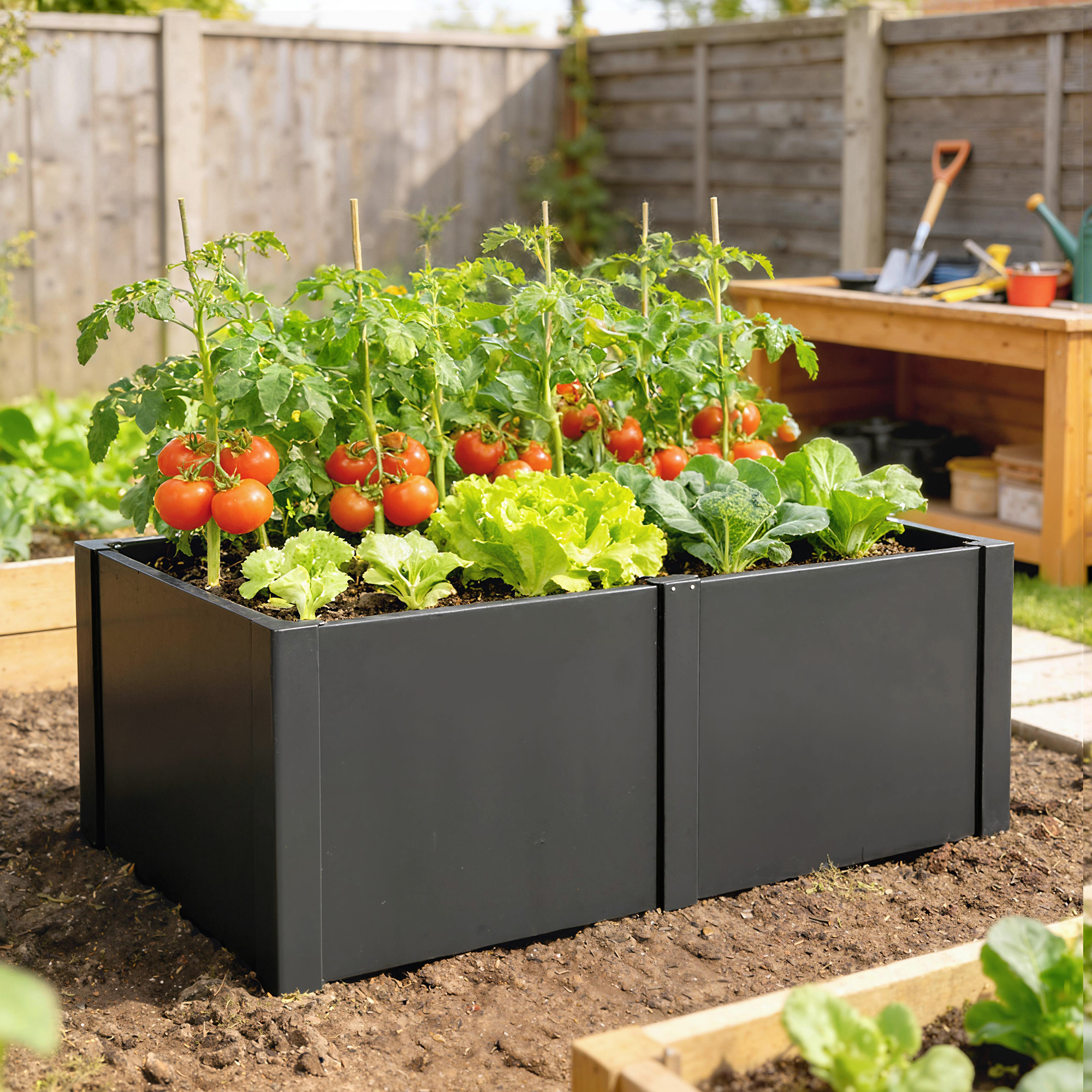 Hochbeet aus galvanisiertem Stahl, 150 x 53 x 55 cm, Outdoor-Pflanzkasten mit Trennwand, Schwarz