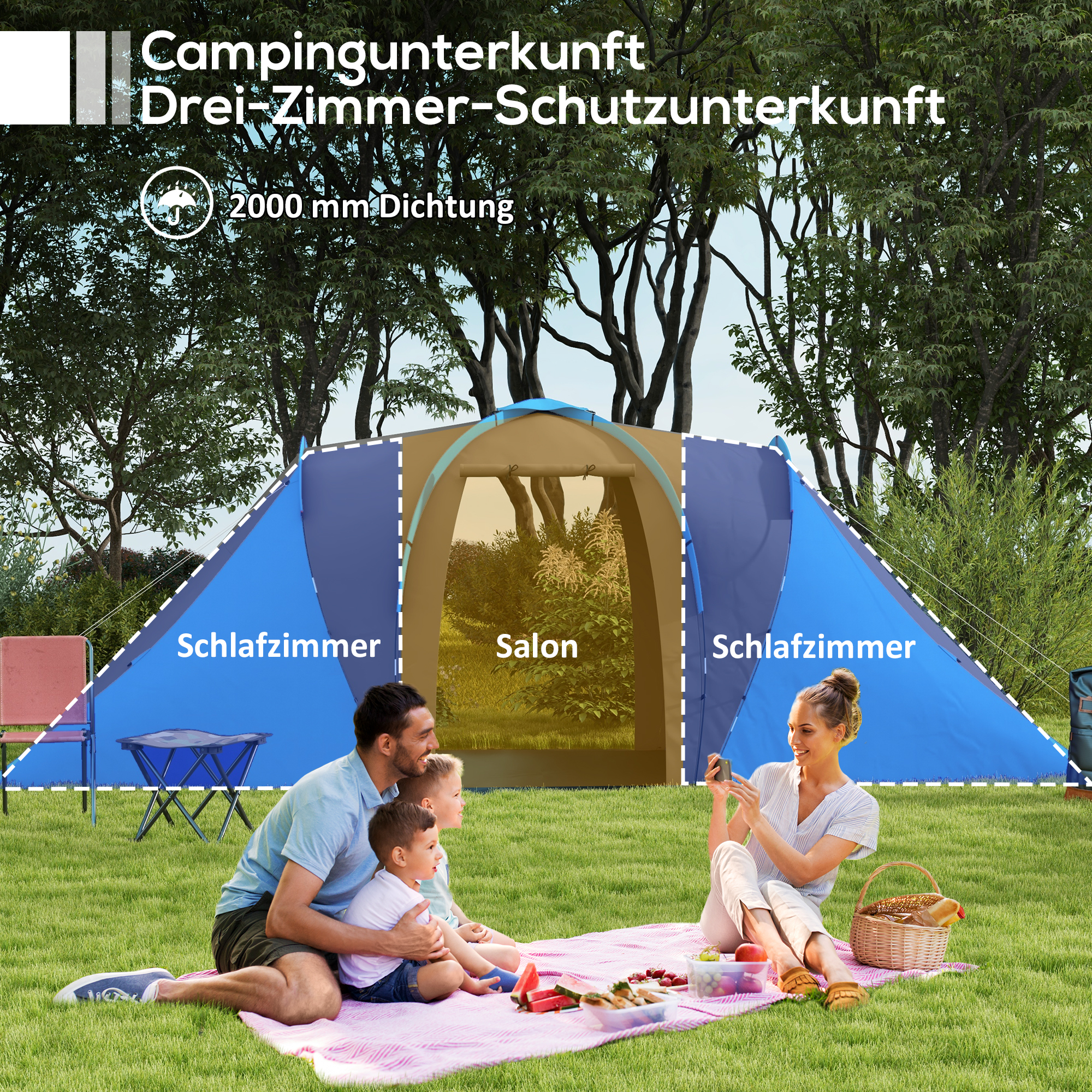 Tunnelzelt, 2000mm Wasserabweisend Campingzelt für 4-6 Personen, mit 2 Schlafzimmern Wohnbereich Tragetasche Grau+Blau