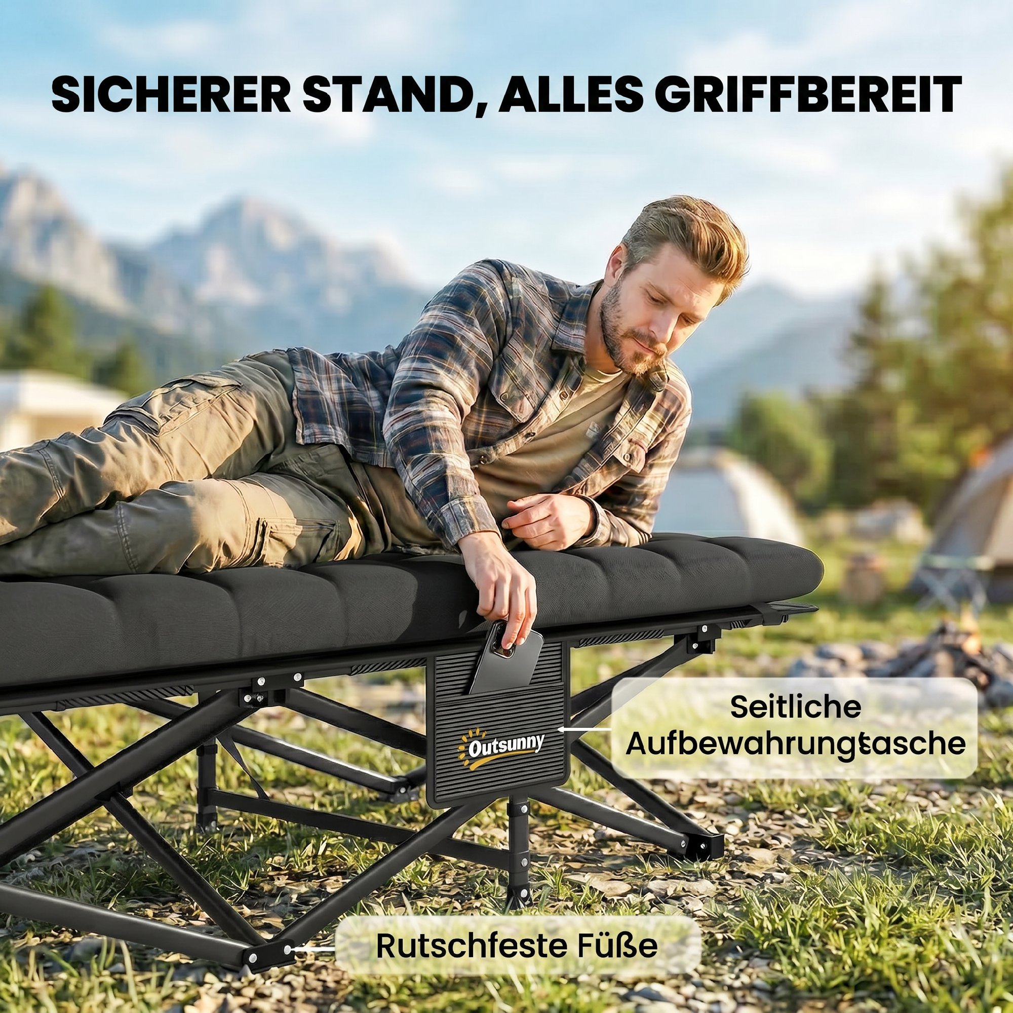 Feldbett faltbar Campingbett mit Tragetasche Campingliege bis 200 kg Indoor, Outdoor, 200 x 80 x 40 cm Schwarz