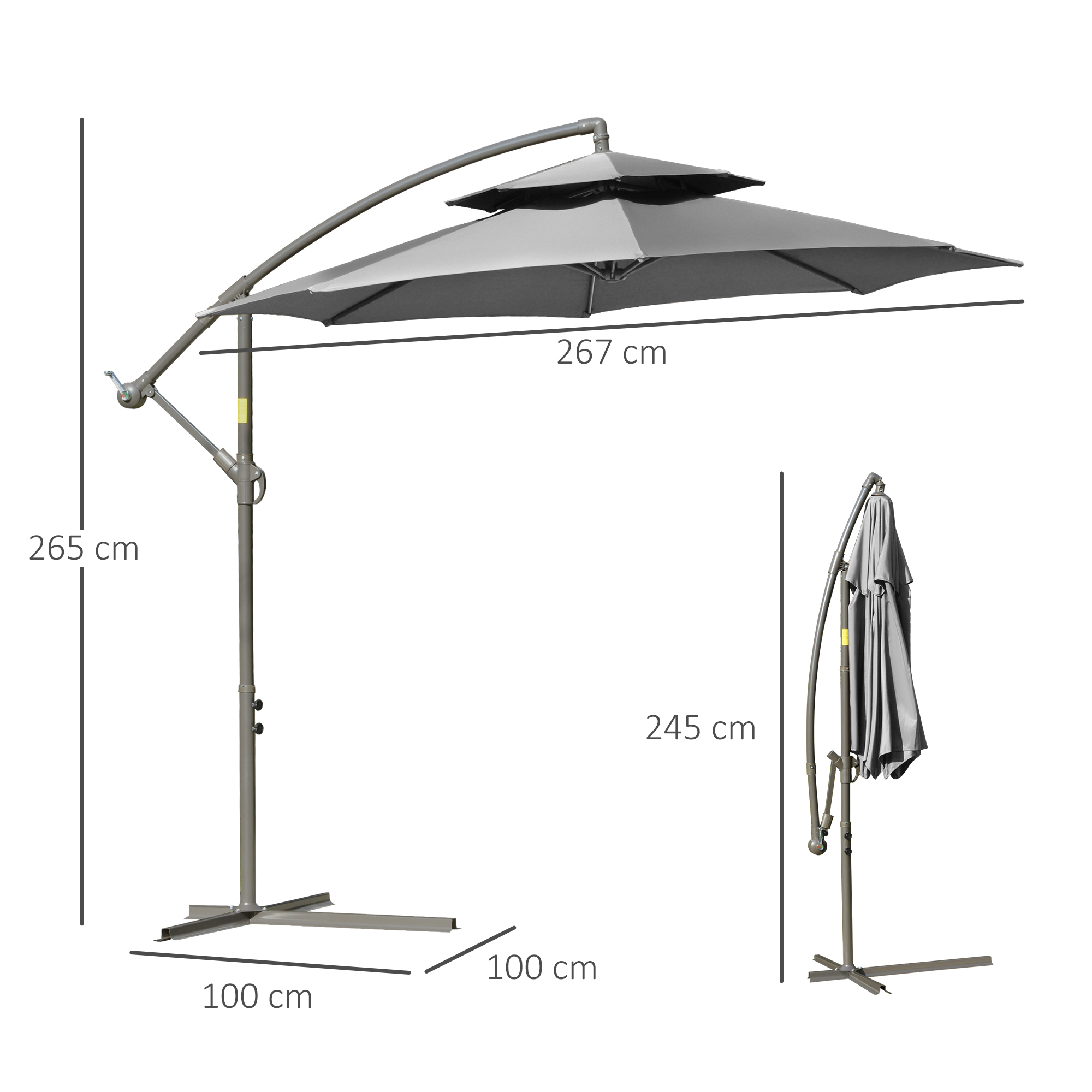 Sonnenschirm Ampelschirm Ø2,67 x 2,45 m Kurbelschirm mit Doppeldach Kreuzbasis Stahl Outdoor Sonnenschutz Polyester Stahl Hellgrau