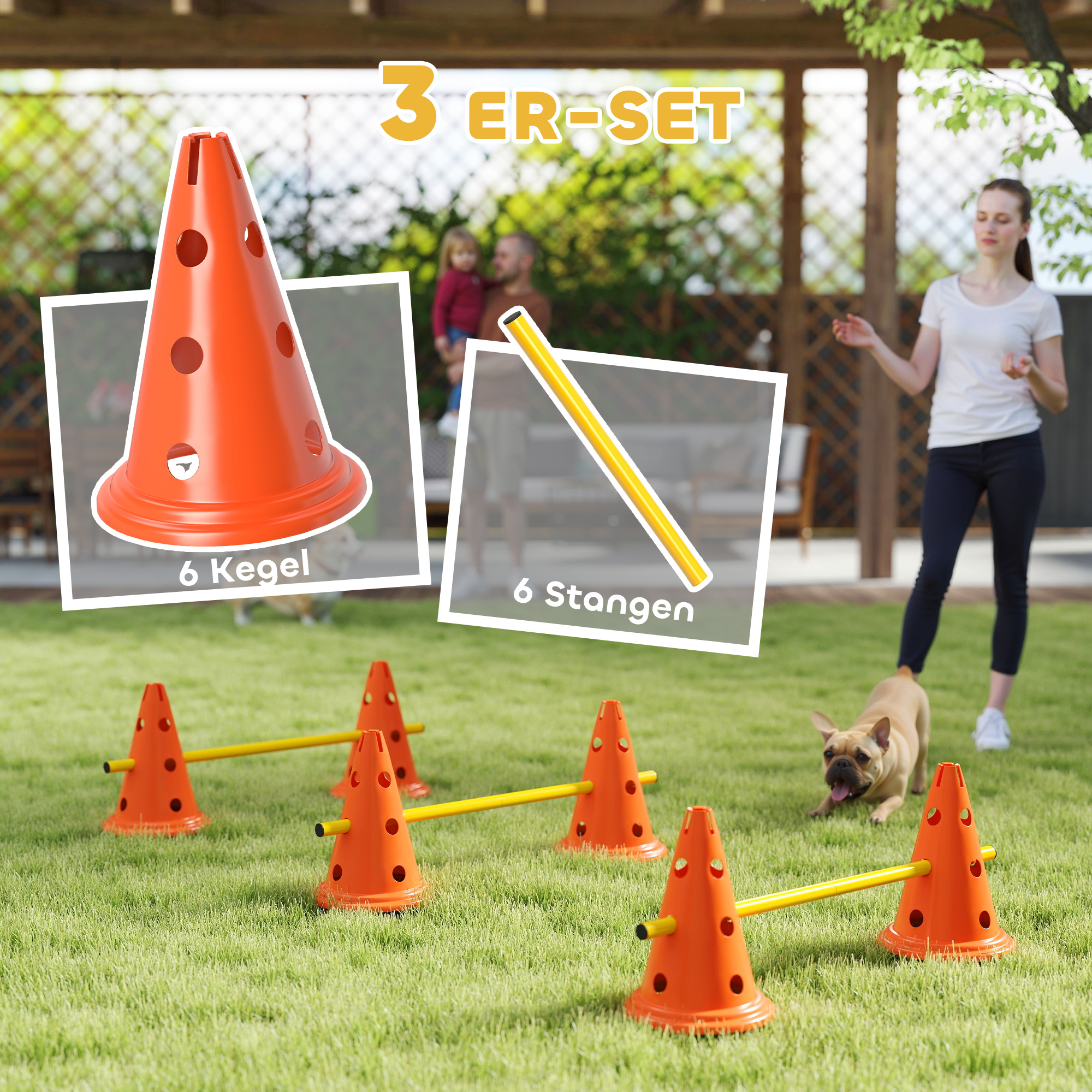 Agility Set Hunde 3-teiliges Agility-Ausrüstung für Hundetraining Steckhürdenset mit 6 Kegel 3 Hürden Tragetasche