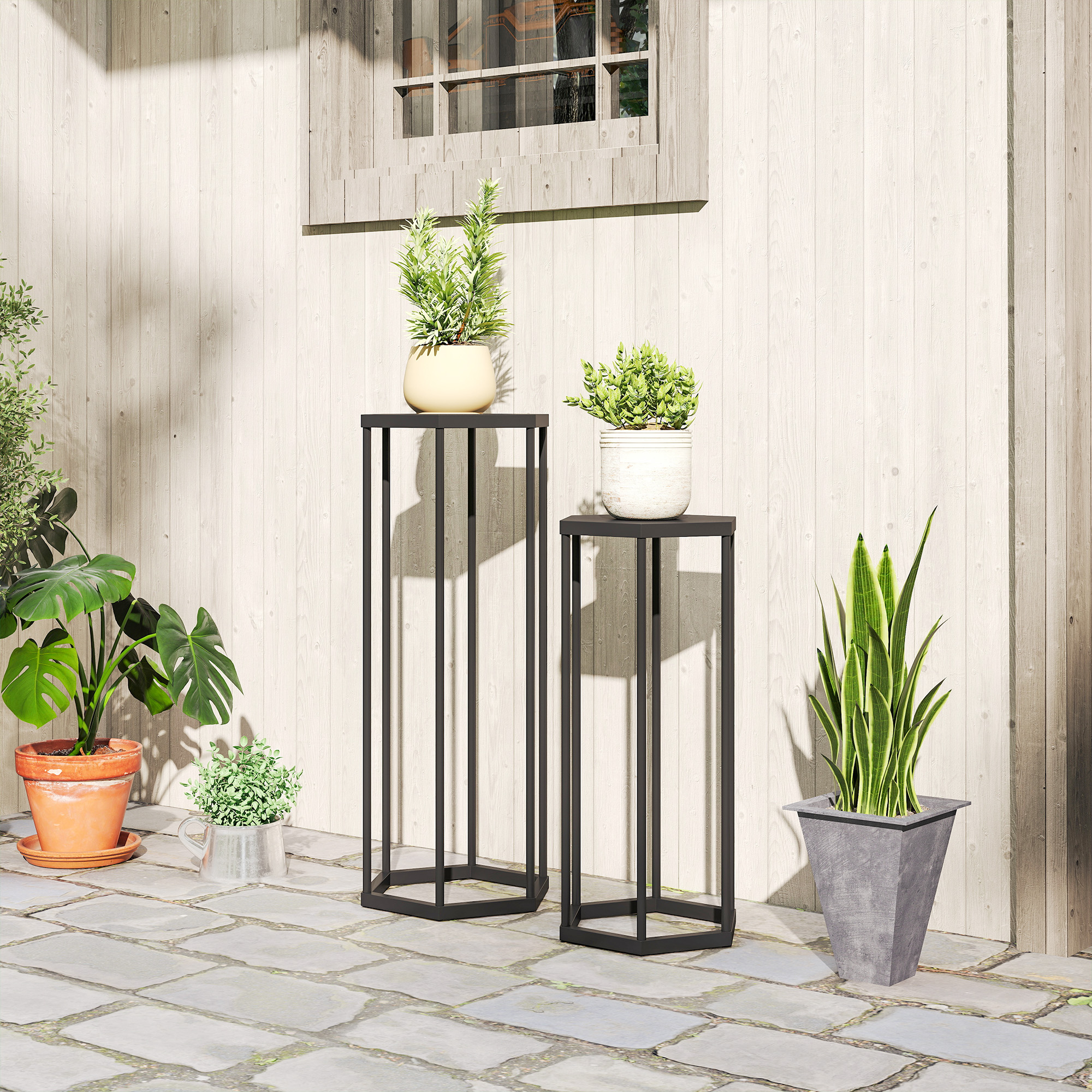 2er-Set Pflanzständer für Innen- und Außenbereich, Hexagonale Metall-Blumentopfhalter für Garten, Terrasse, Balkon