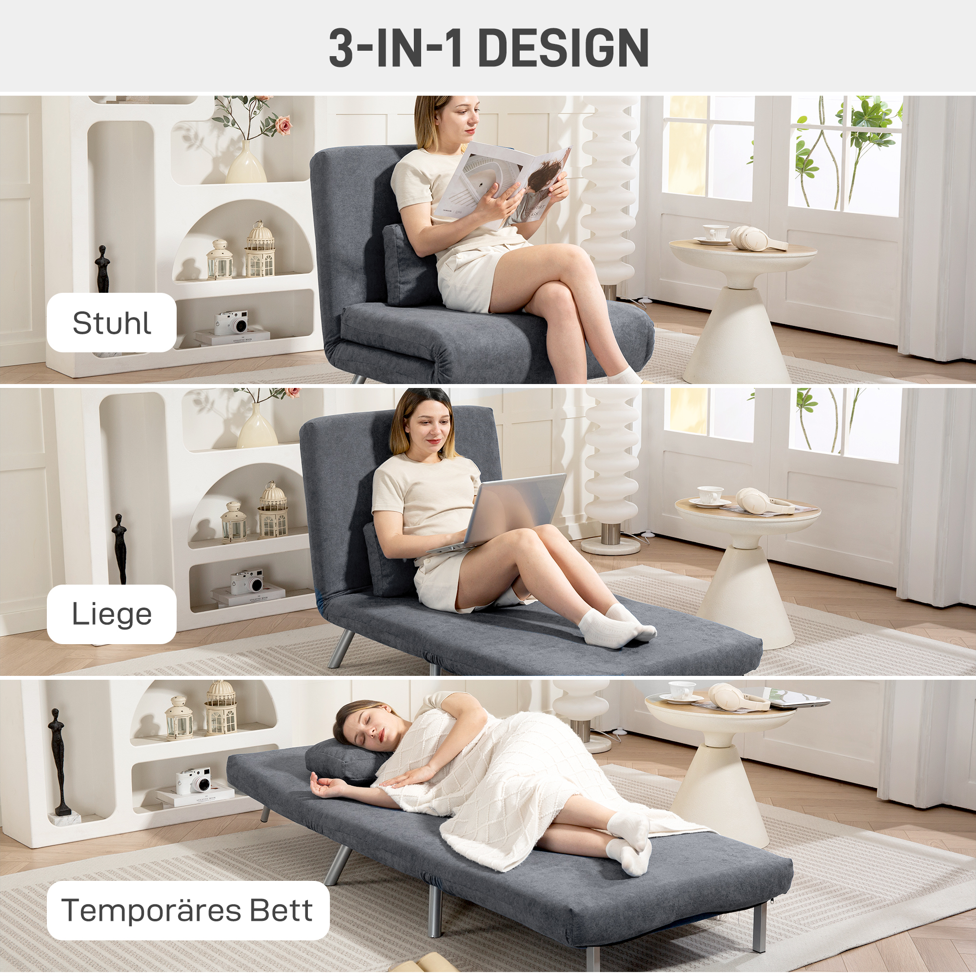 Polstersessel mit Bettfunktion, 3-in-1 Design, Schlafsessel, Gästebett, Stoffbezug, mit Kissen, Dunkelgrau