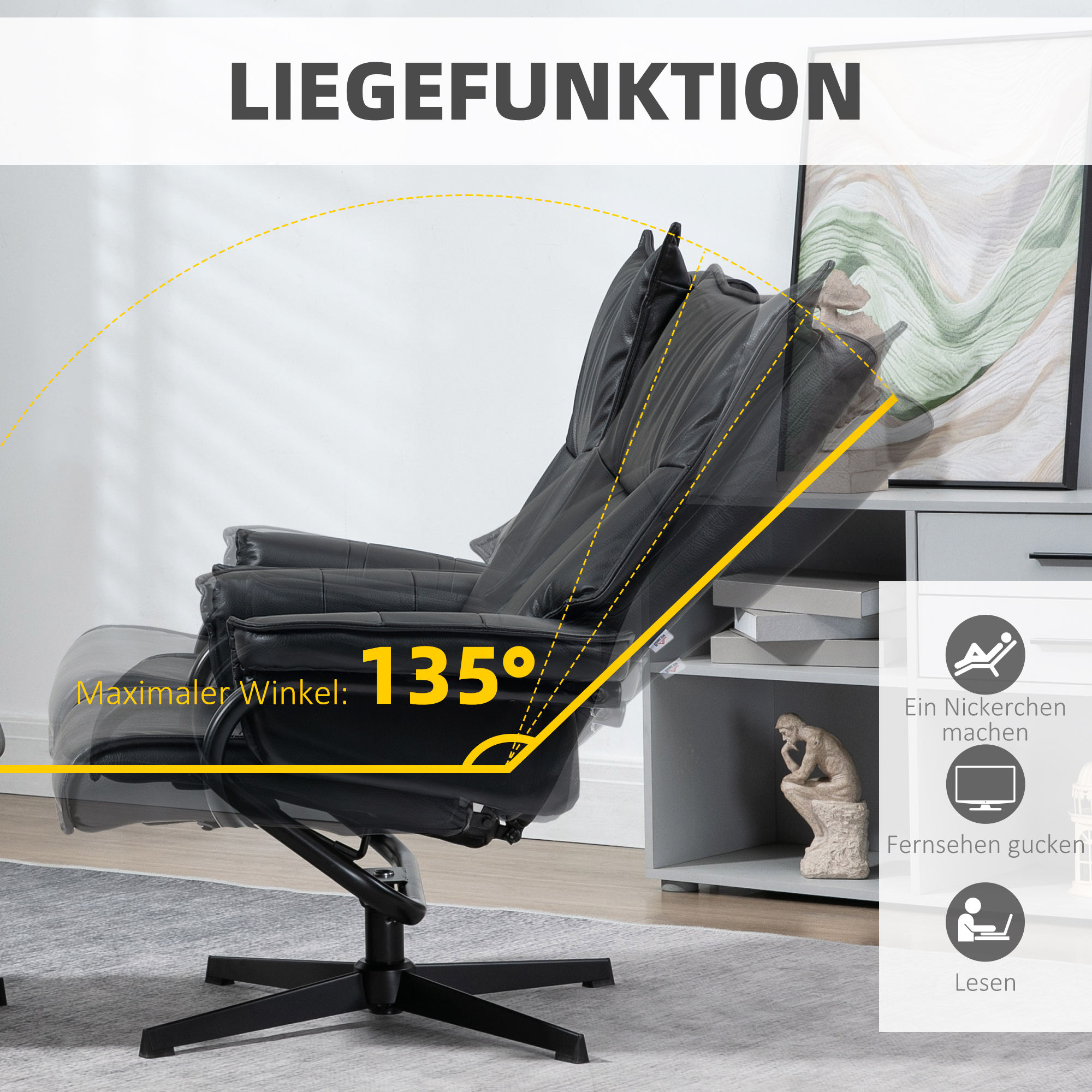 Relaxsessel mit Hocker, drehbar, neigbare Rückenlehne, Stahlrahmen, schwarz