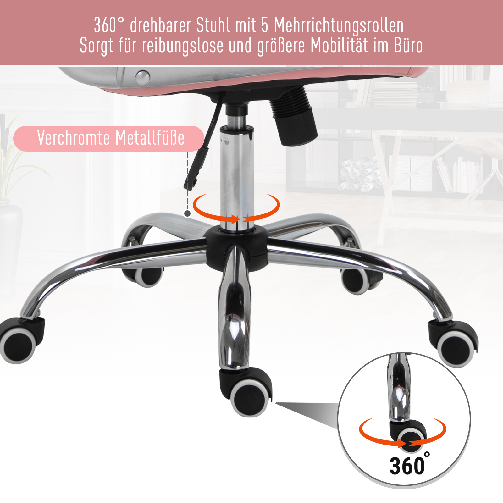 Bürostuhl, Ergonomisch Schreibtischstuhl mit Armlehne, Gepolsterter Rückenlehne, Höhenverstellbar Computerstuhl mit Kunstlederoptik, Drehstuhl für Home Office, Rosa