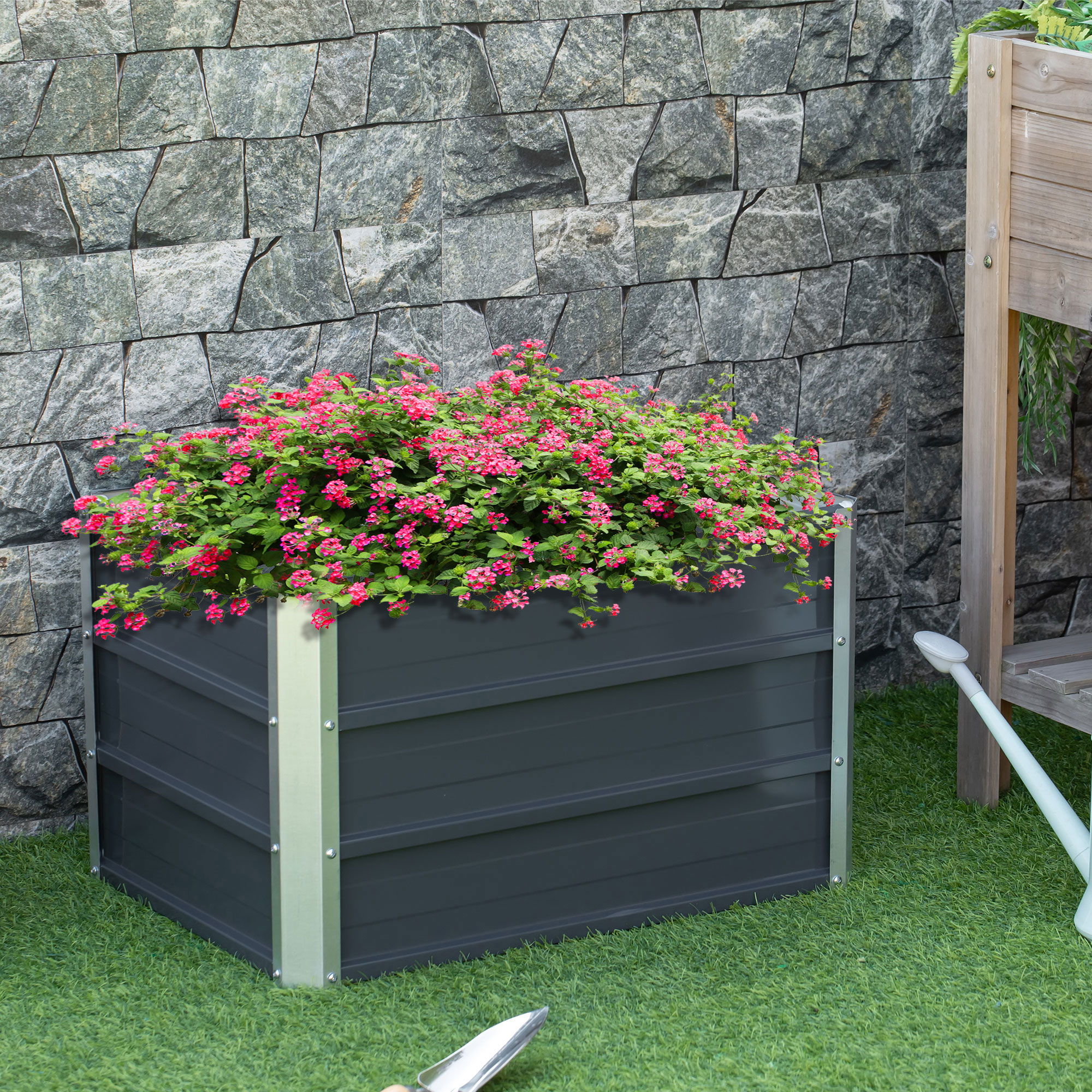 Hochbeet aus Stahl Gartenbeet Pflanzkasten Blumenkasten Blumenkübel mit Handschuhe Dunkelgrau 66 x 47 x 40 cm