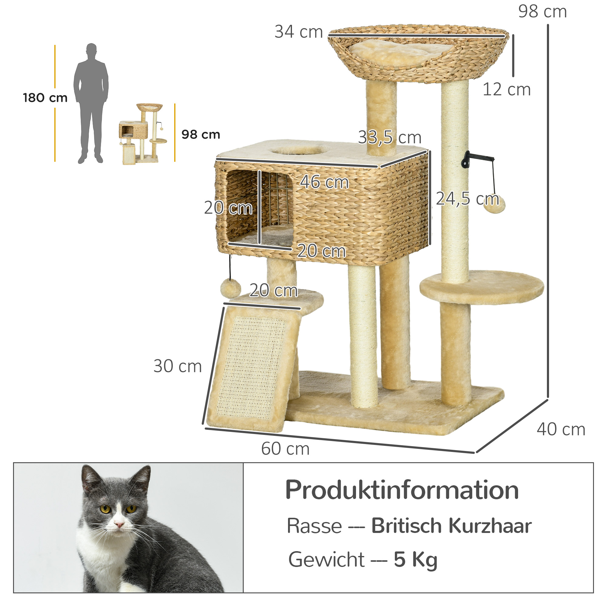 Kratzbaum Katzenbaum, 1 Katzenhöhle, 1 Katzbenbett, 1 Liegefläche, 1 Rampe, 60 cm x 40 cm x 98 cm, Natur + Beige