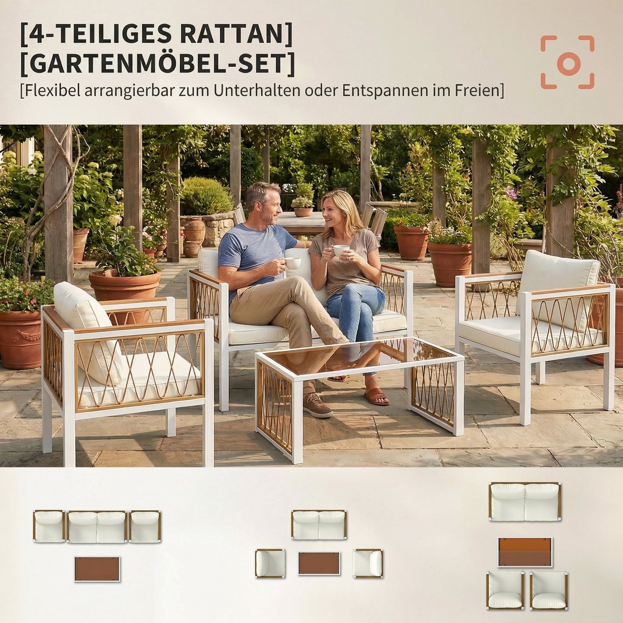 Gartenmöbel Set 4-teilig Polyrattan Lounge-Set mit Zweisitzer 2 Sessel Glastisch abnehmbar Kissen rutschfesten Matte
