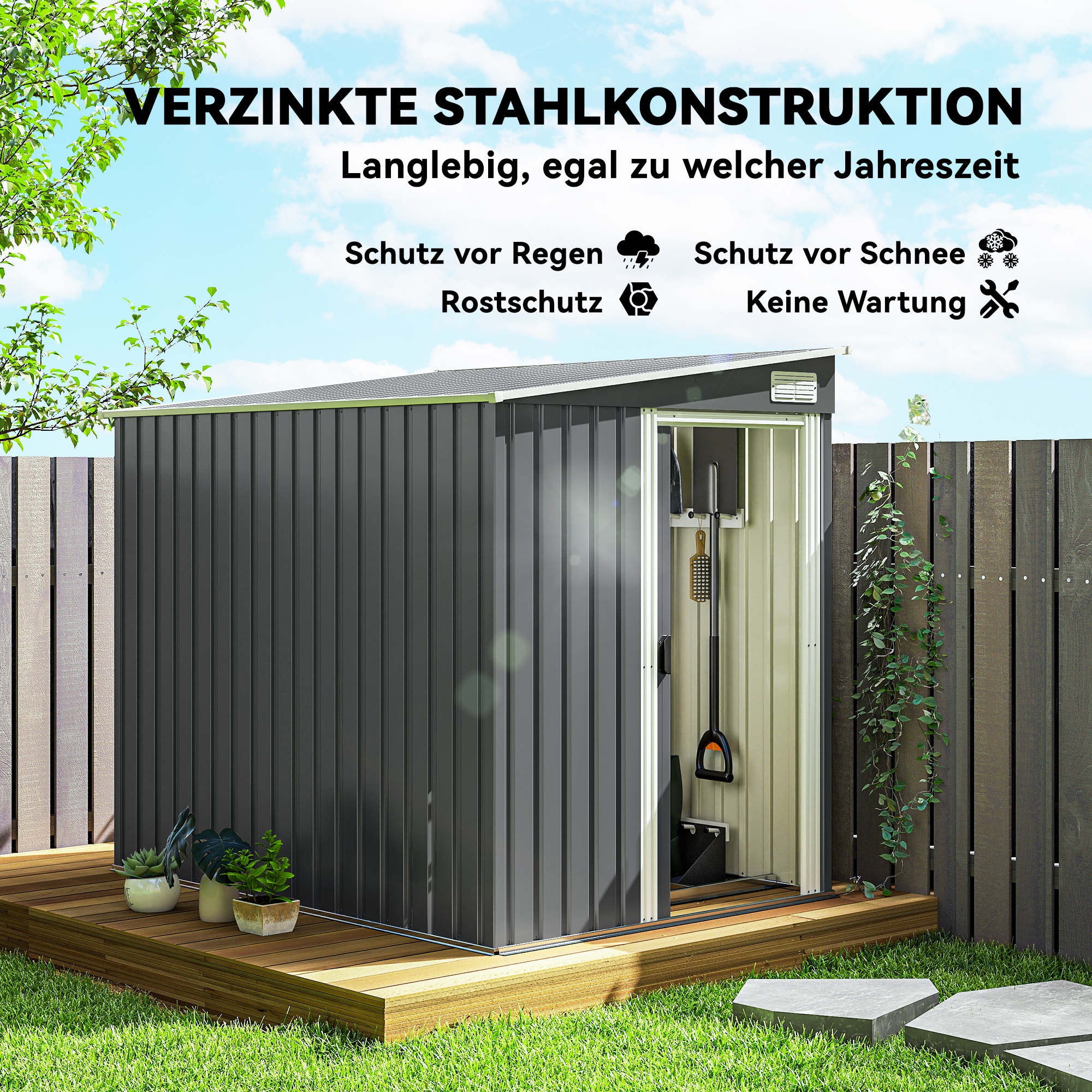 Metall Gerätehaus 2,81m² 154x206,5x181 cm Geräteschuppen mit Pultdach Fundament