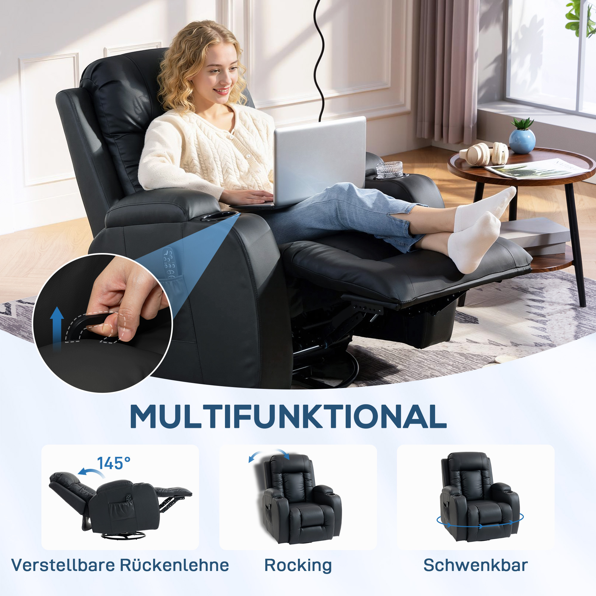 Massagesessel mit Wipp-, Liege- & Wärmefunktion, 3 Modi, drehbar, Schwarz