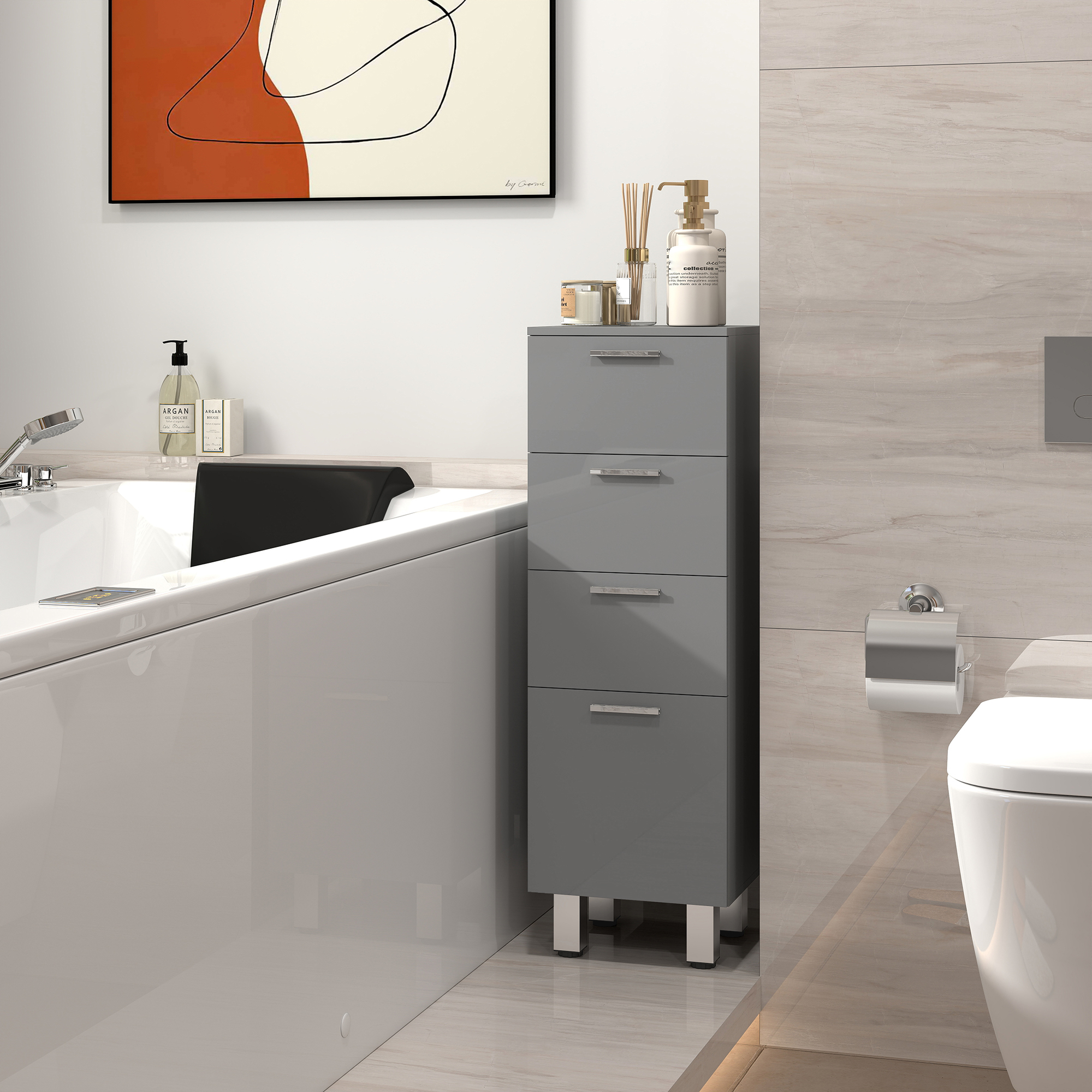 Badezimmerschrank, Badschrank, 4 Schubladen, Spanplatte, glatt, Grau