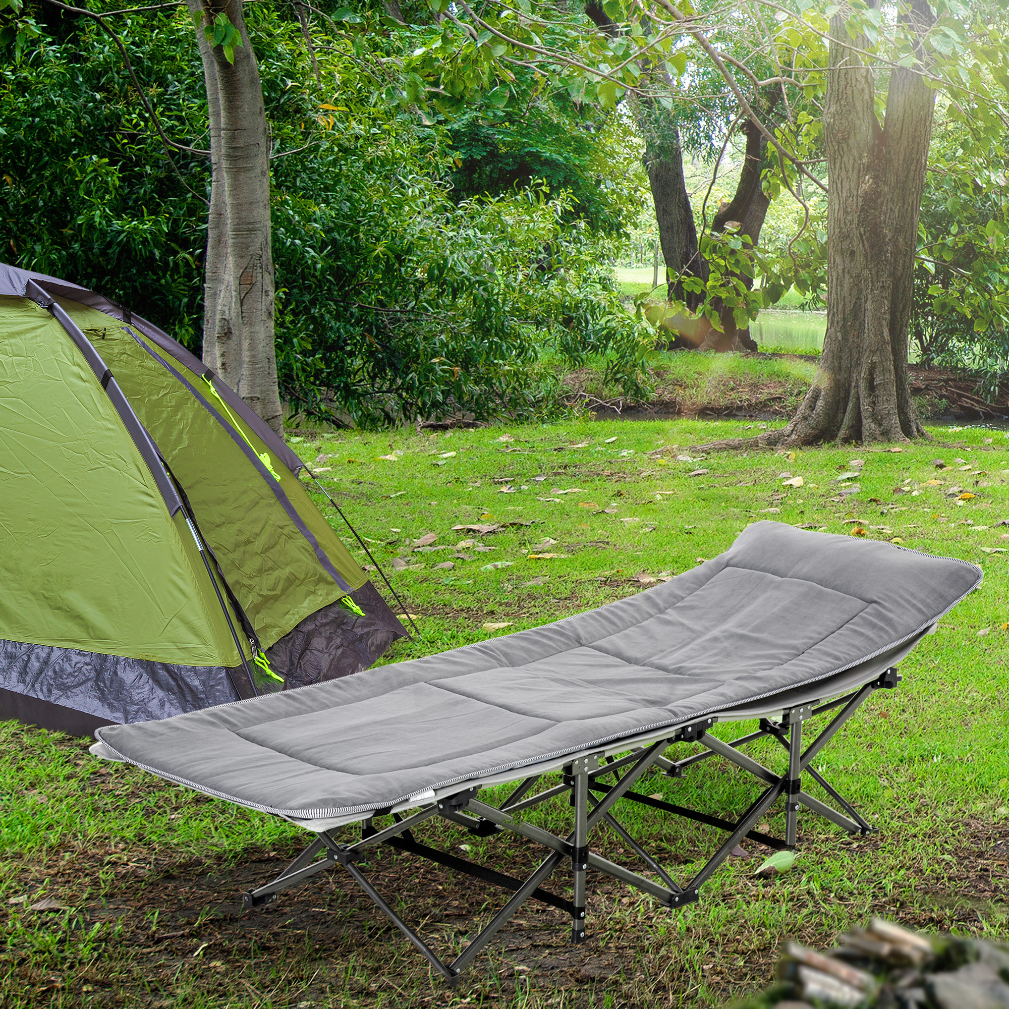 Feldbett faltbar Campingbett mit Matratze Tragetasche 188 x 64,5 x 53 cm Gästebett bis 150 kg belastbar Campingliege für Erwachsene Klappbett für Outdoor, Garten Camping Reisen Hellgrau