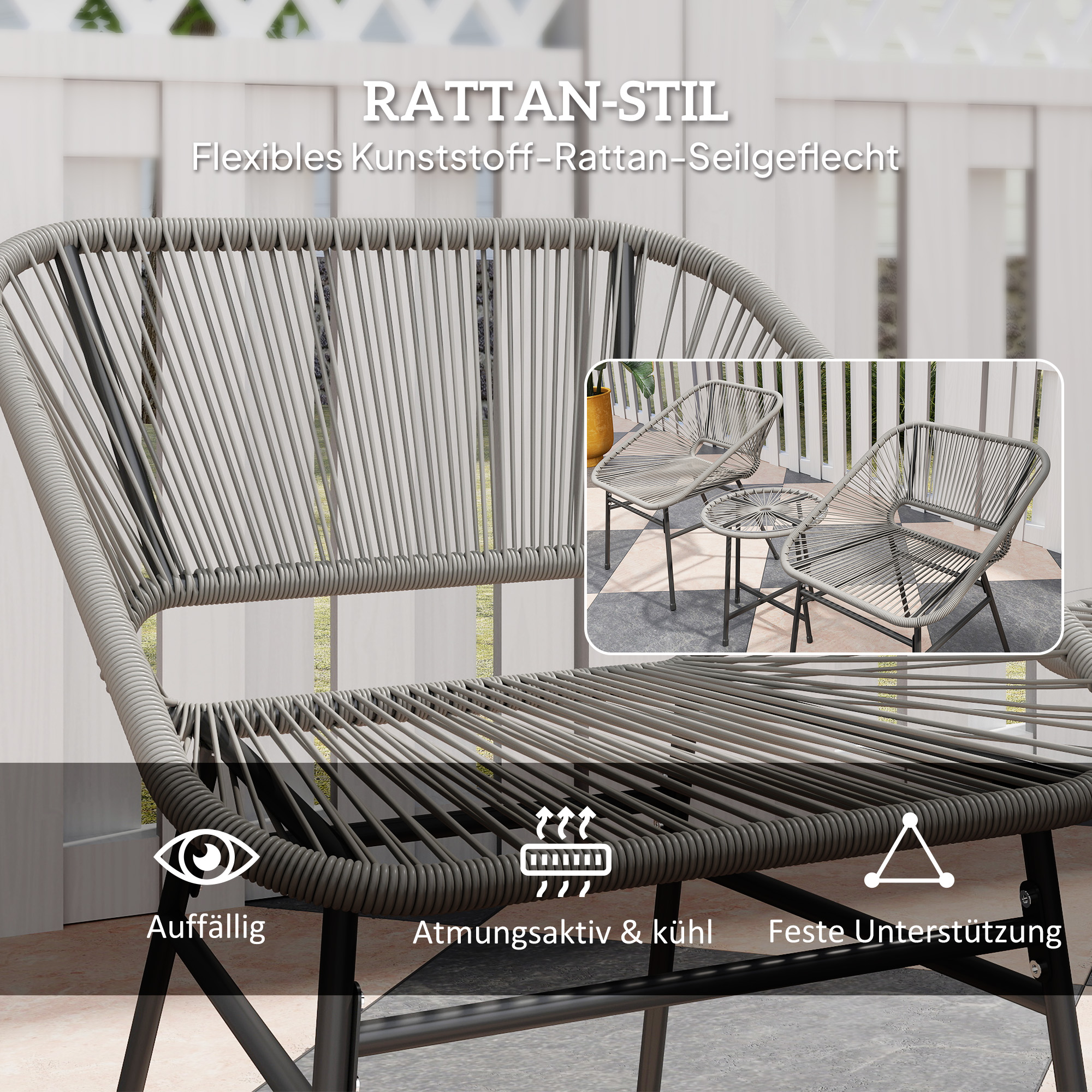 3-teiliges Outdoor-Möbelset, 1 Tisch, 2 Stühle, Rattan-Geflecht, Stahlrahmen, Kaffeetisch mit Glasplatte, Dunkelgrau