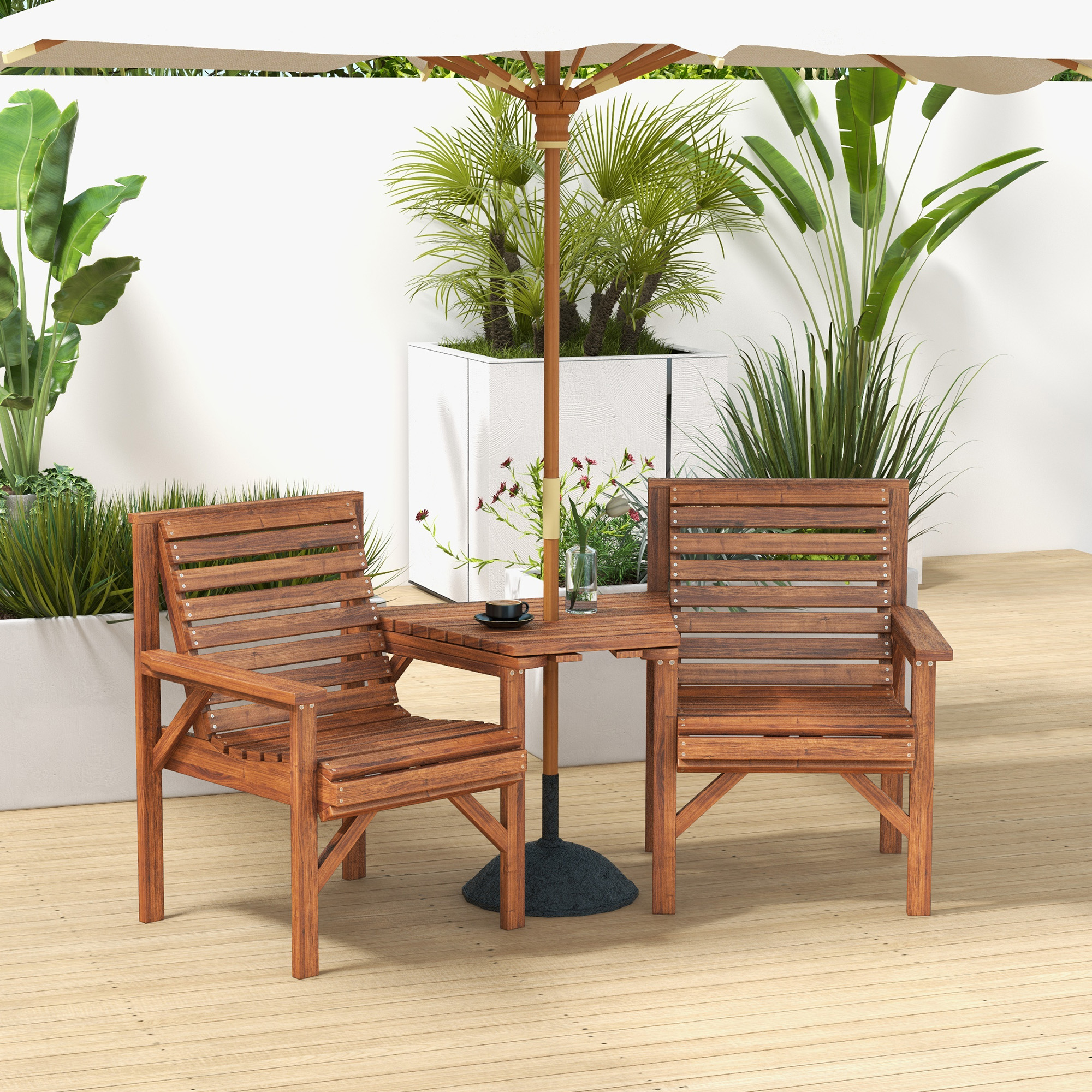 Bistro-Set 3-teilig aus Holz Wetterfest Gartenmöbel Set mit Lamellendesign Sonnenschirmloch Verkohlt