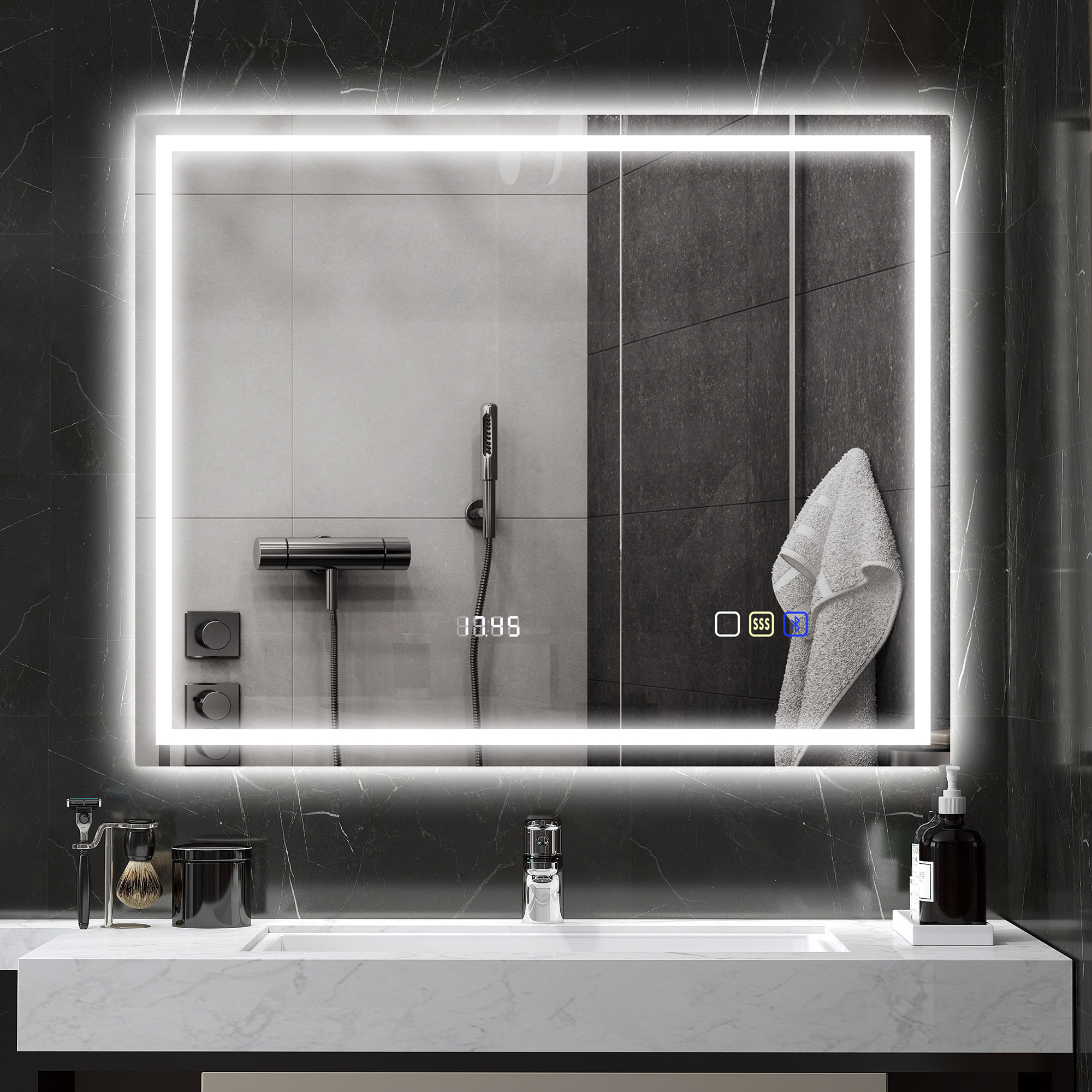 Badezimmerspiegel LED bluetooth 80 x 100 cm Touch-Schalter einstellbare Beleuchtung 3 Farben Anti-Fog Memory Silber