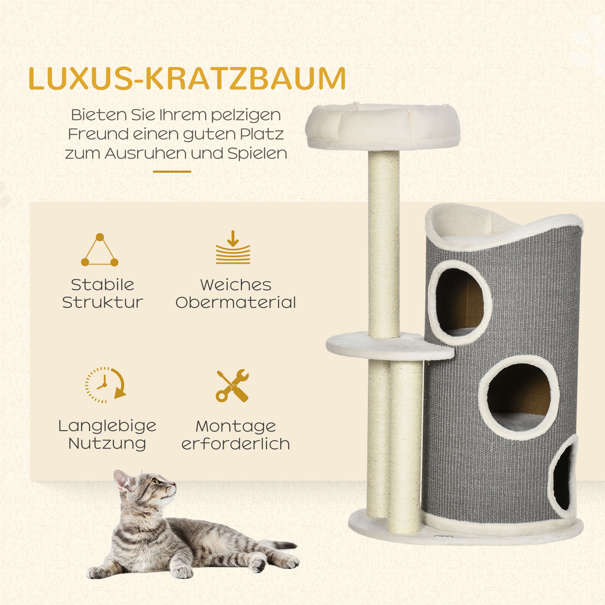Kratzbaum mit Katzenbett u. Kratztonne für Katzen, 60 cm x 44,5 cm x 109 cm, Grau + Natur + Weiß