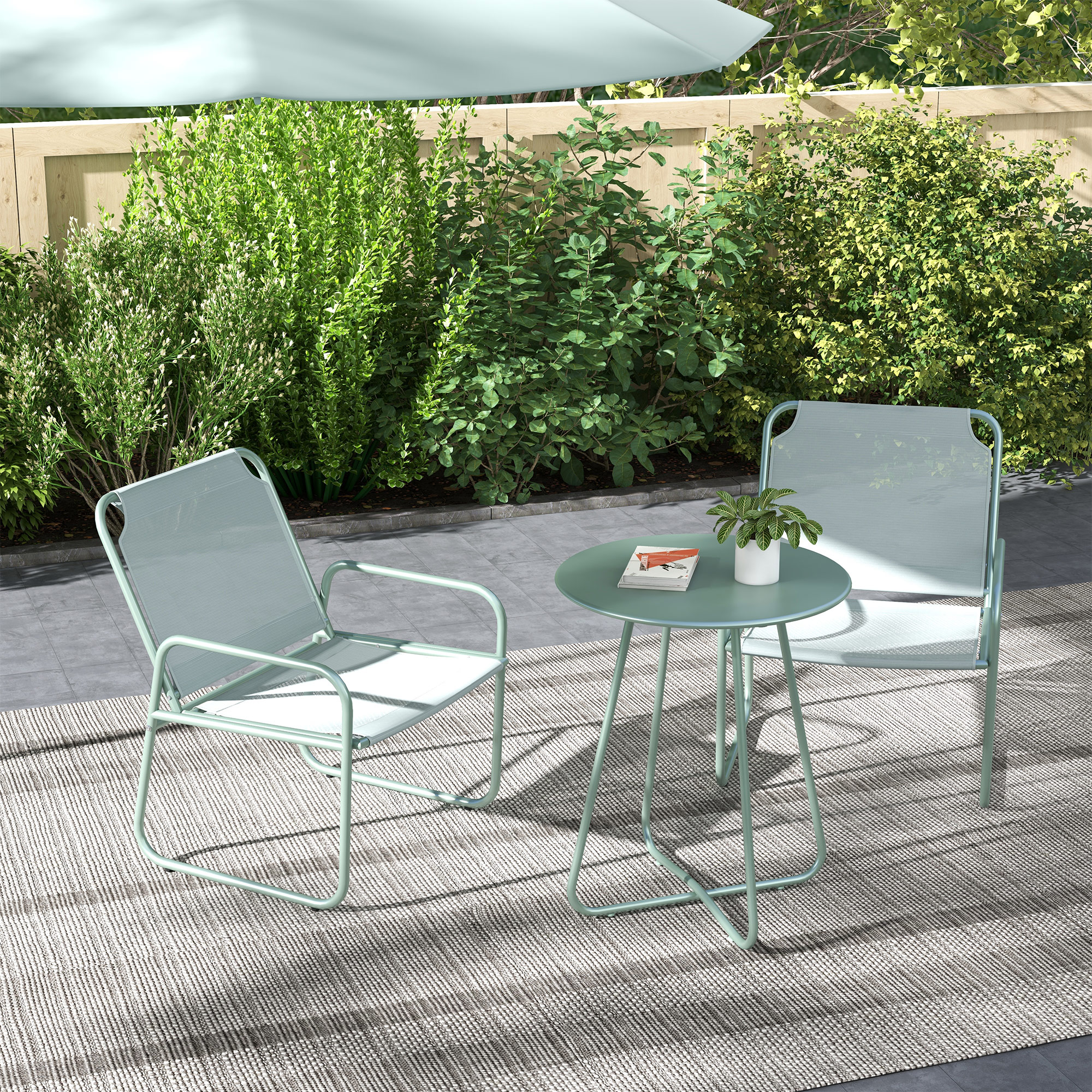 3-teiliges Gartenmöbelset, 2 Stühle mit atmungsaktivem Stoffbezug, 1 runder Tisch Ø60 cm, Grün