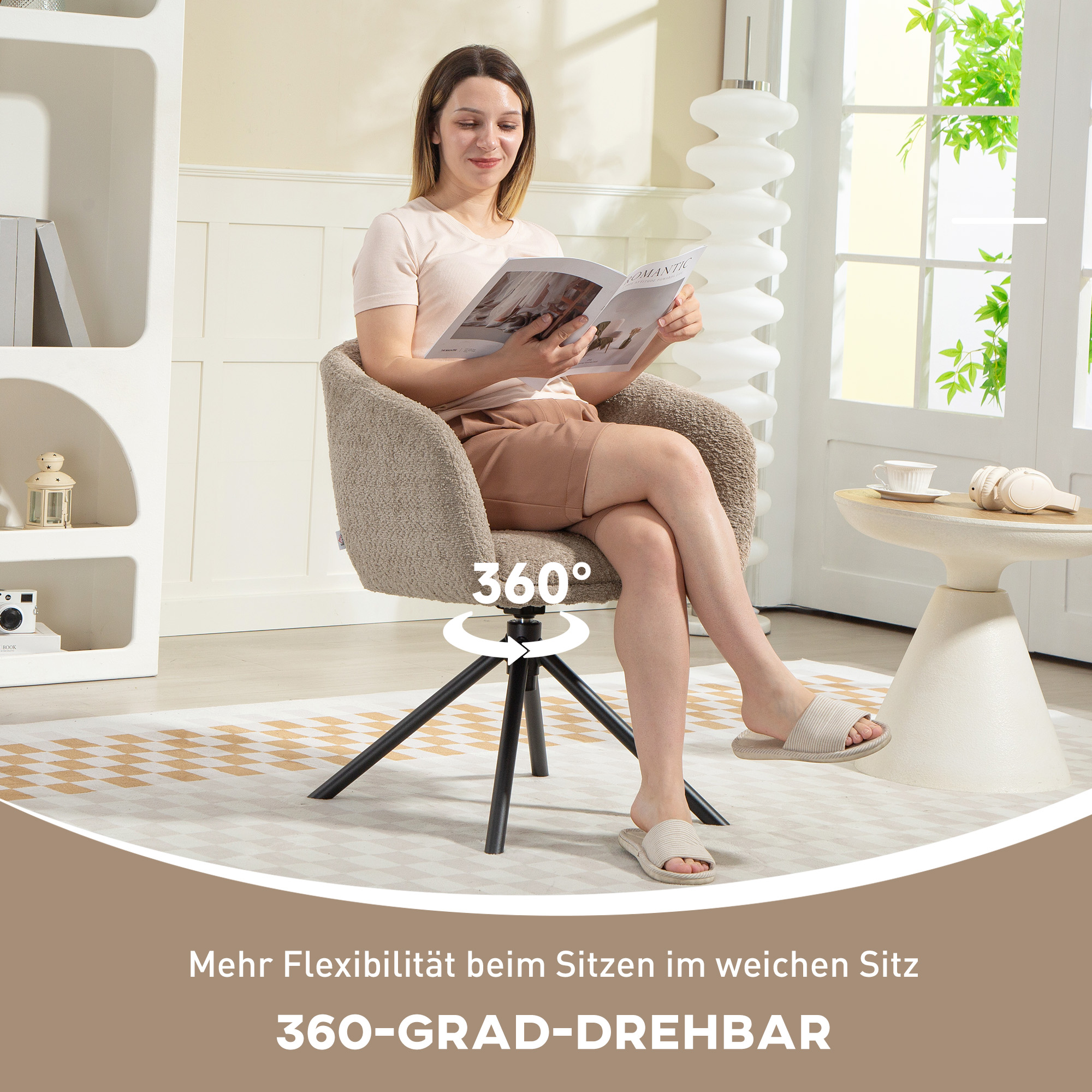 Sessel, Polsterstuhl mit bequemer Sitzschale, drehbar, kuscheliger Bezug, bis 120 kg, Hellbraun